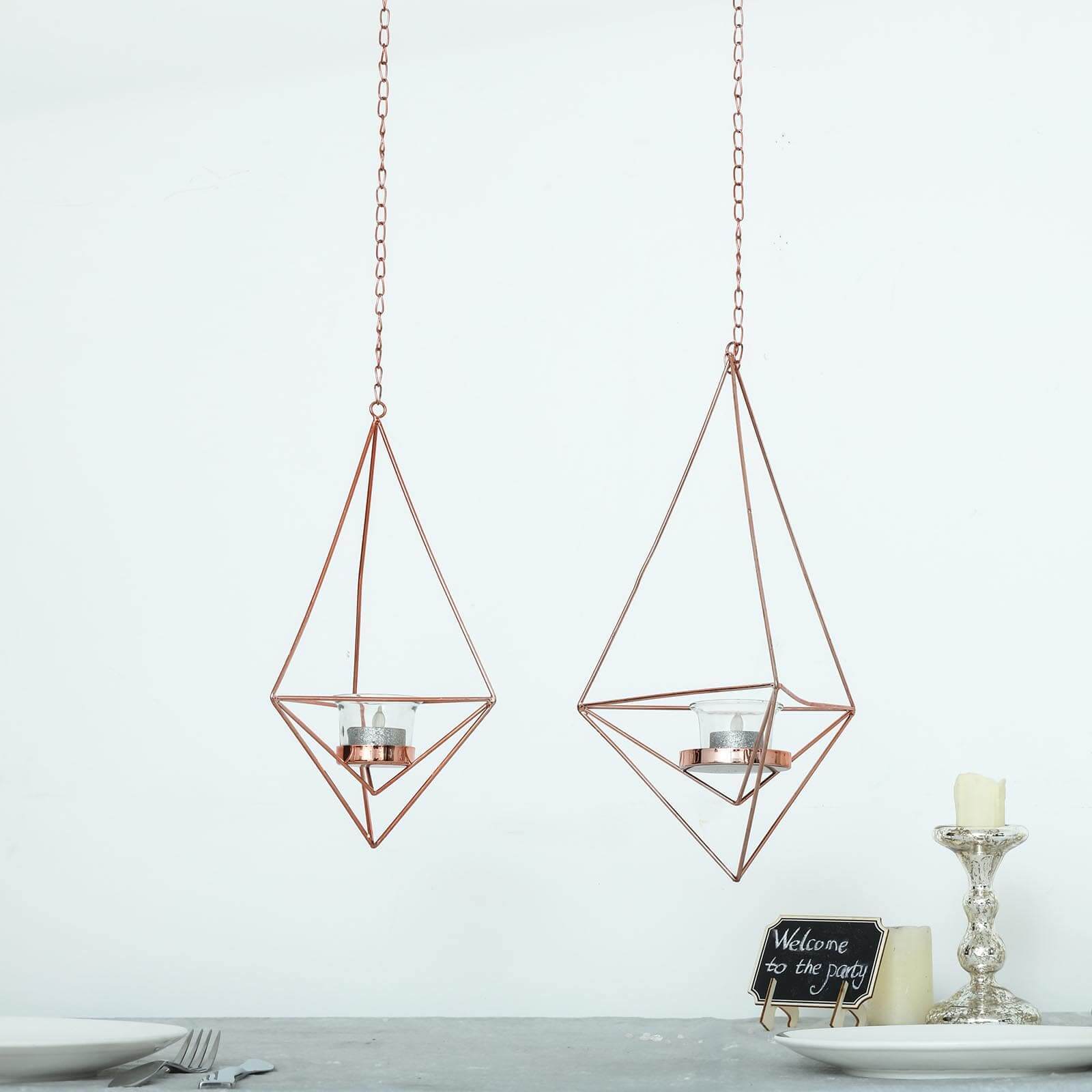 Set of 2 Rose Gold Metal Hanging Tealight Candle Holders 12", 15" Diamond Open Frame - Geometric Flower Terrariums - Image 6
