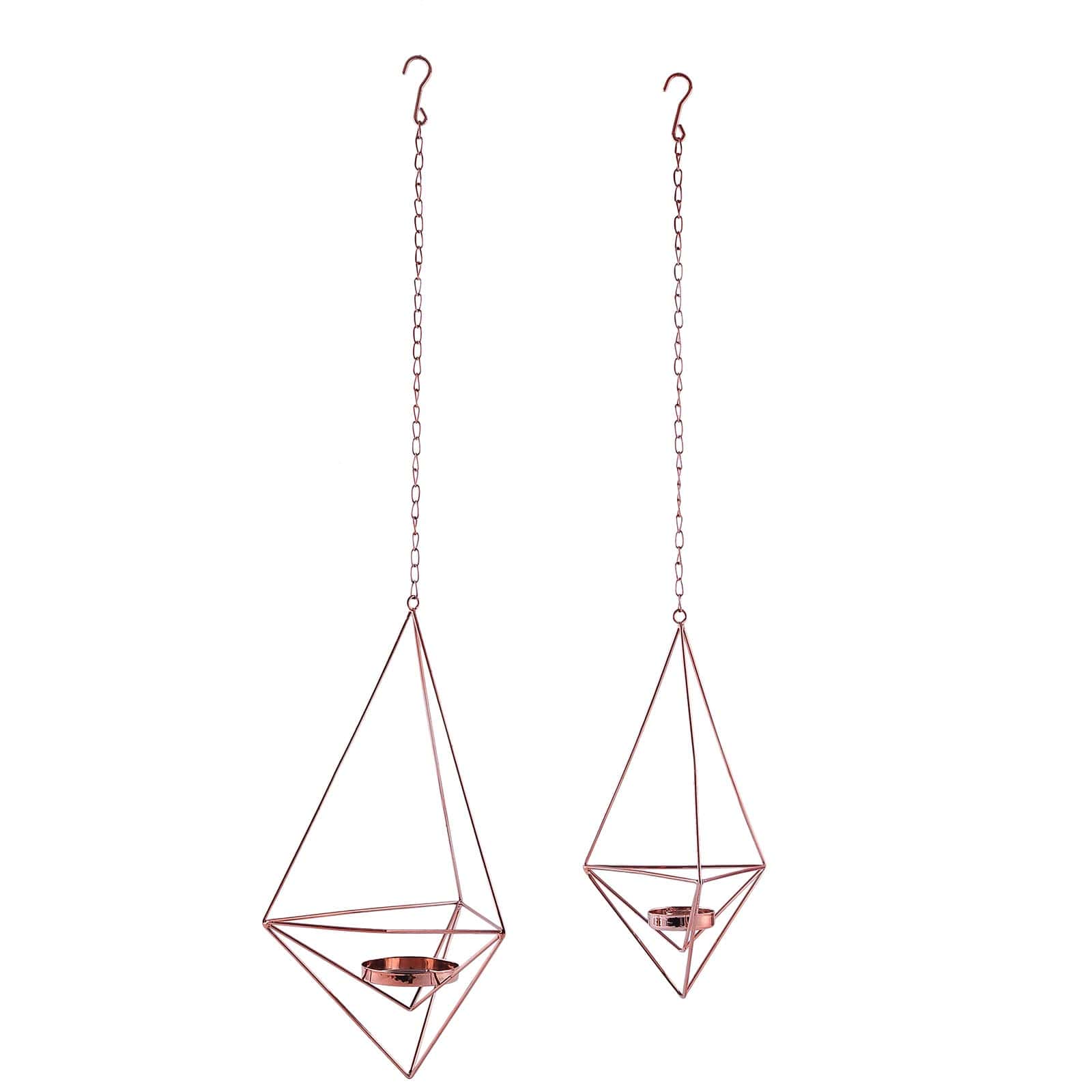 Set of 2 Rose Gold Metal Hanging Tealight Candle Holders 12", 15" Diamond Open Frame - Geometric Flower Terrariums - Image 7