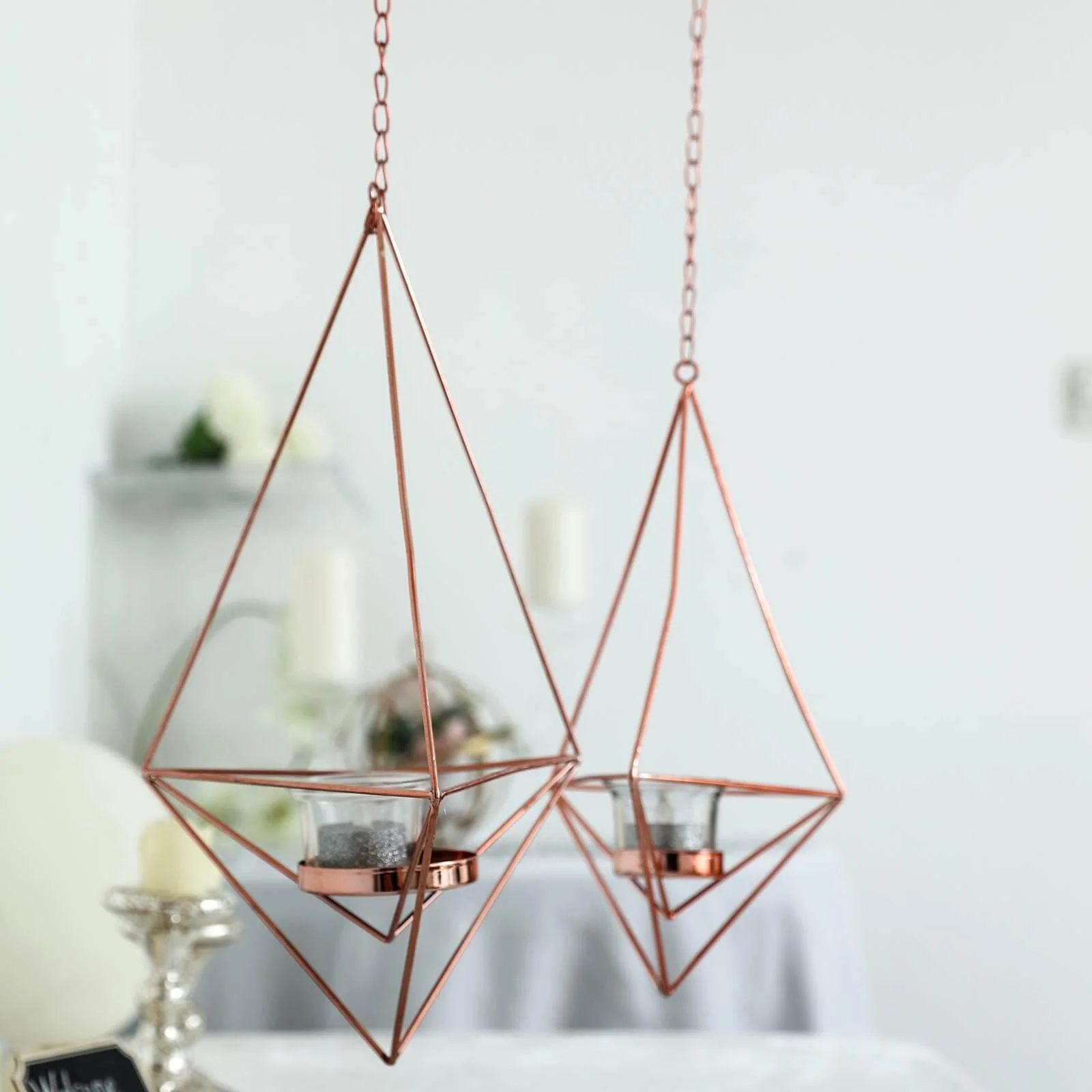 Set of 2 Rose Gold Metal Hanging Tealight Candle Holders 12", 15" Diamond Open Frame - Geometric Flower Terrariums - Image 8
