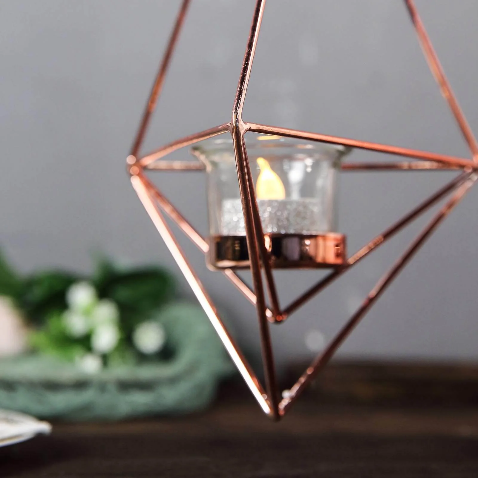 Set of 2 Rose Gold Metal Hanging Tealight Candle Holders 12", 15" Diamond Open Frame - Geometric Flower Terrariums - Image 9