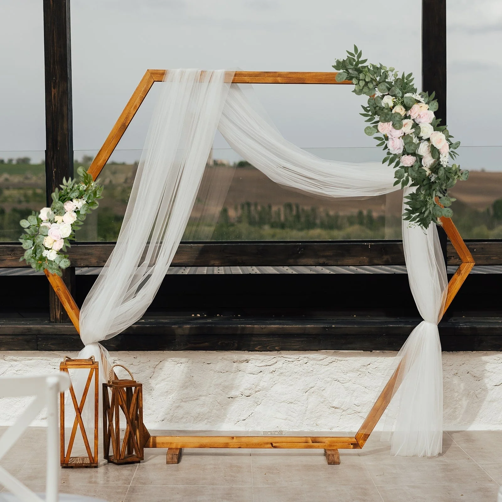 Set of 2 Silk Rose Floral Swag Wedding Arch Decor in Cream Blush with Eucalyptus Leaves, Large Artificial Flower Arrangement Garlands - 24",42"