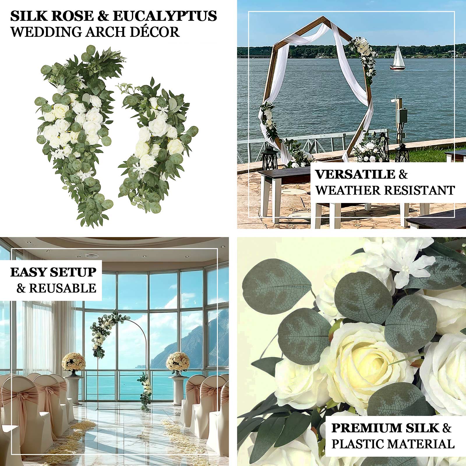 Set of 2 Silk Rose Floral Swag Wedding Arch Decor in Cream Blush with Eucalyptus Leaves, Large Artificial Flower Arrangement Garlands - 24",42" - Image 3