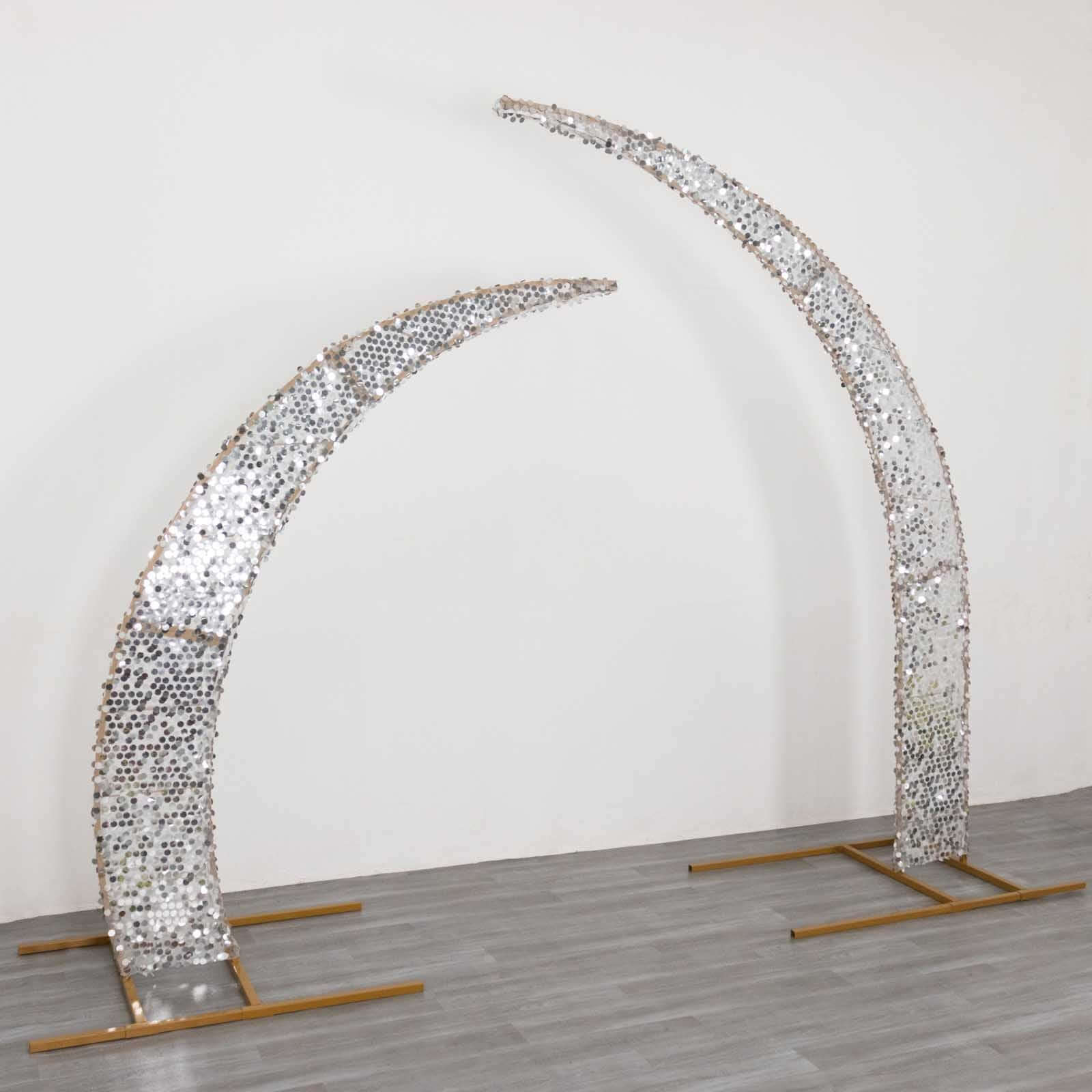 Set of 2 Silver Big Payette Sequin Wedding Arch Cover for Half Crescent Moon Backdrop Stand, Sparkly Double Sided - 6.5ft, 8ft - Image 2