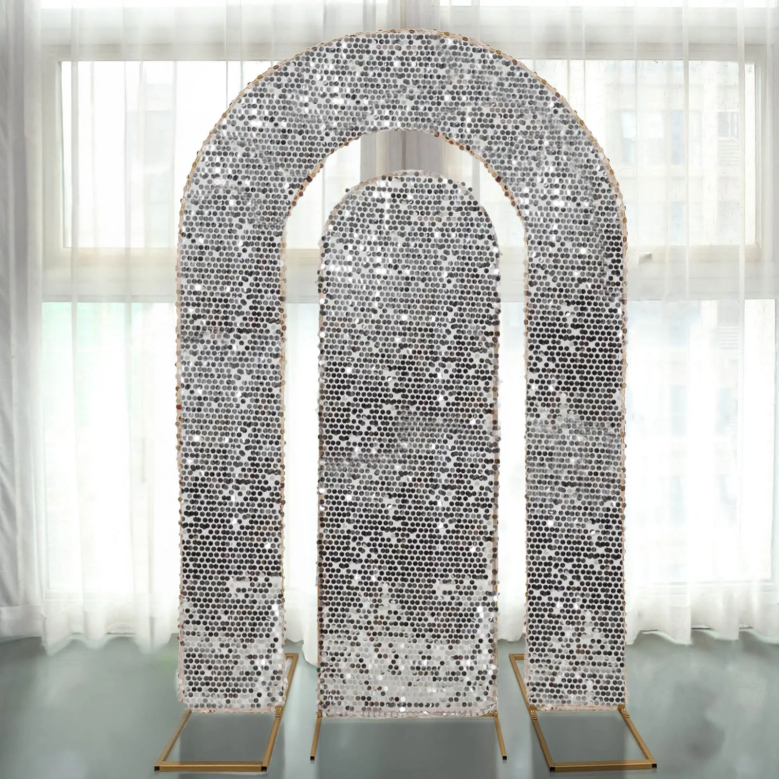 Set of 2 Silver Big Sequin Wedding Arch Covers for Round Top and Double Arch Chiara Backdrop Stands - 6ft,8ft - Image 7