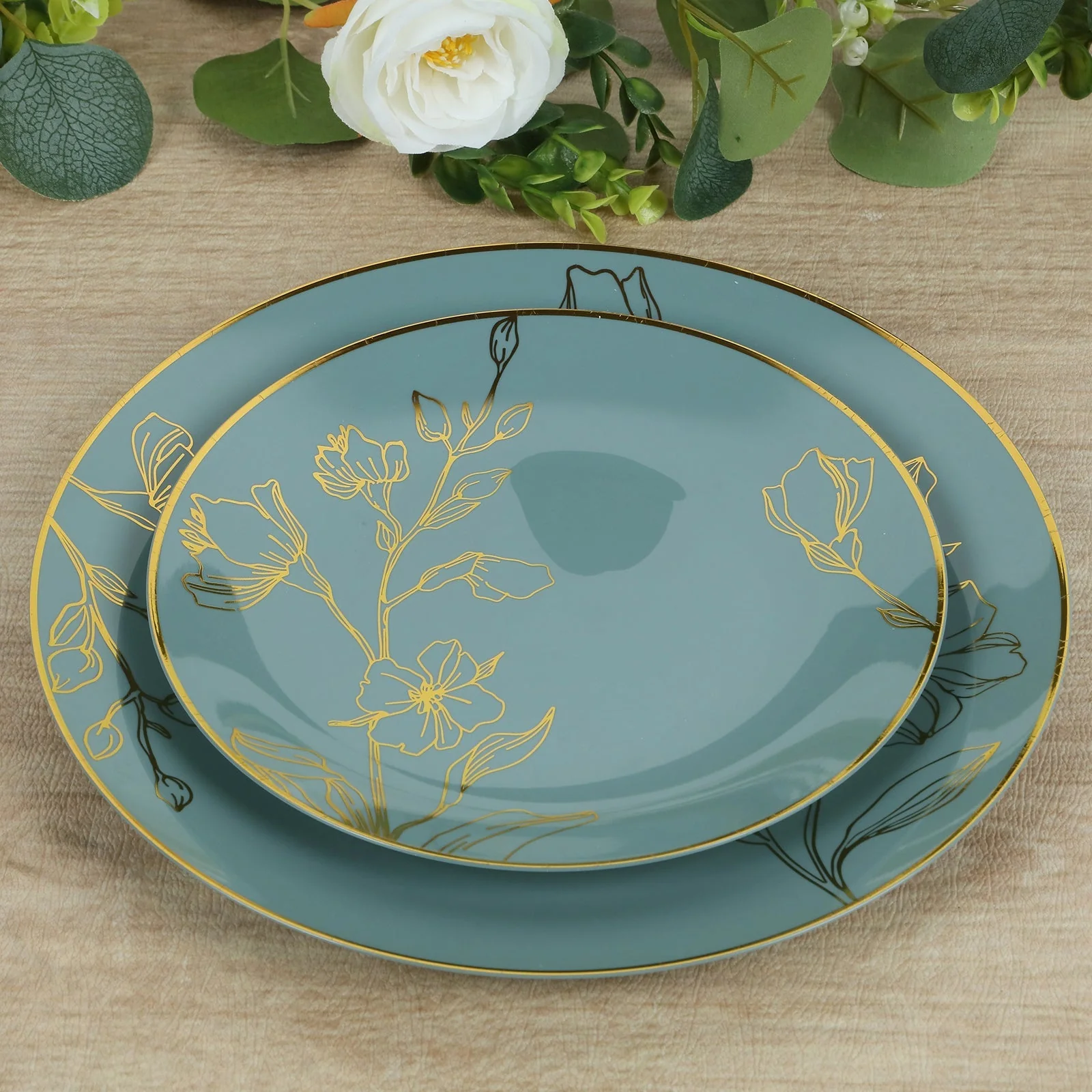 Set of 20 Dusty Blue Plastic Party Plates With Metallic Gold Floral Design, Disposable Round Dinner and Dessert Plates - 8",10"