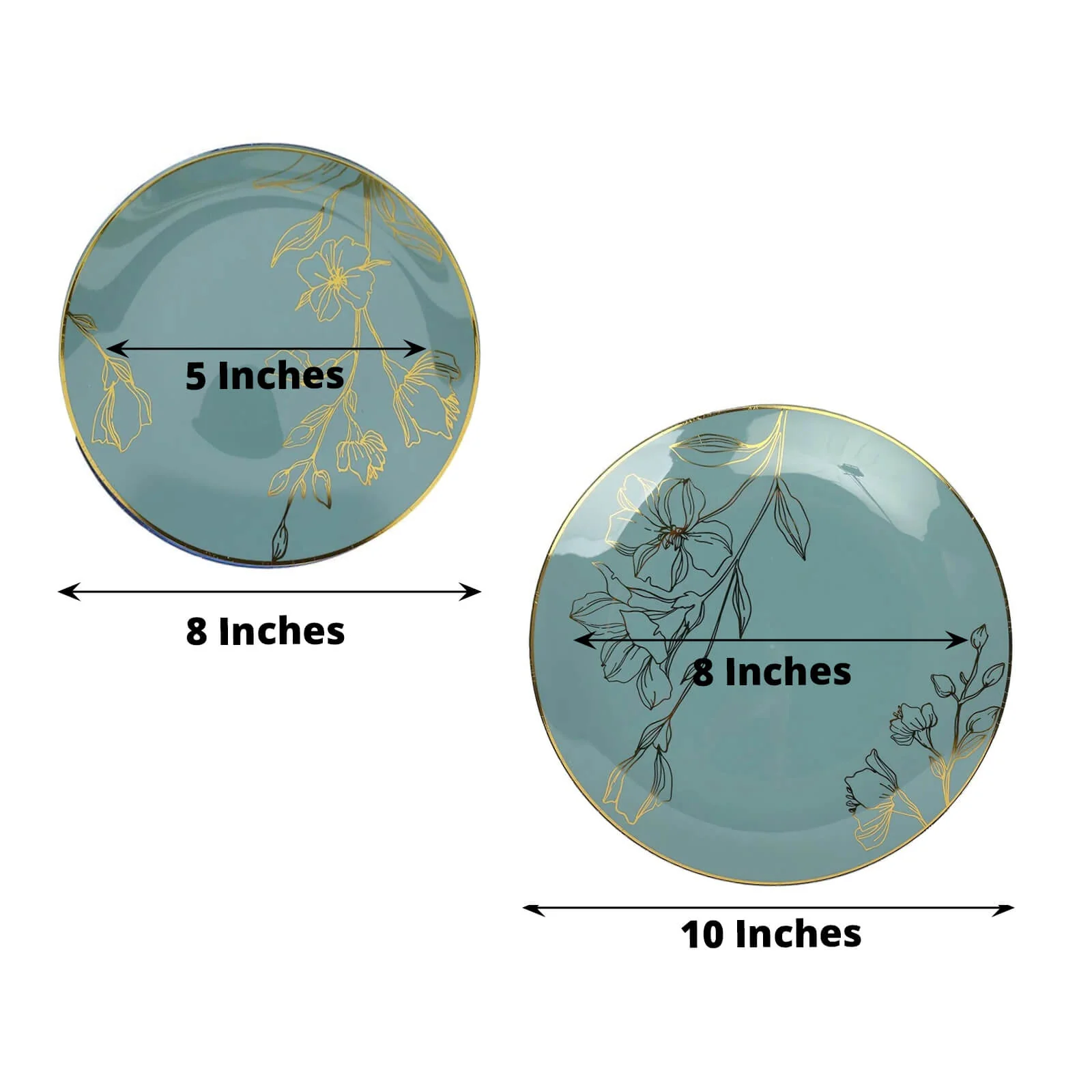 Set of 20 Dusty Blue Plastic Party Plates With Metallic Gold Floral Design, Disposable Round Dinner and Dessert Plates - 8",10" - Image 2