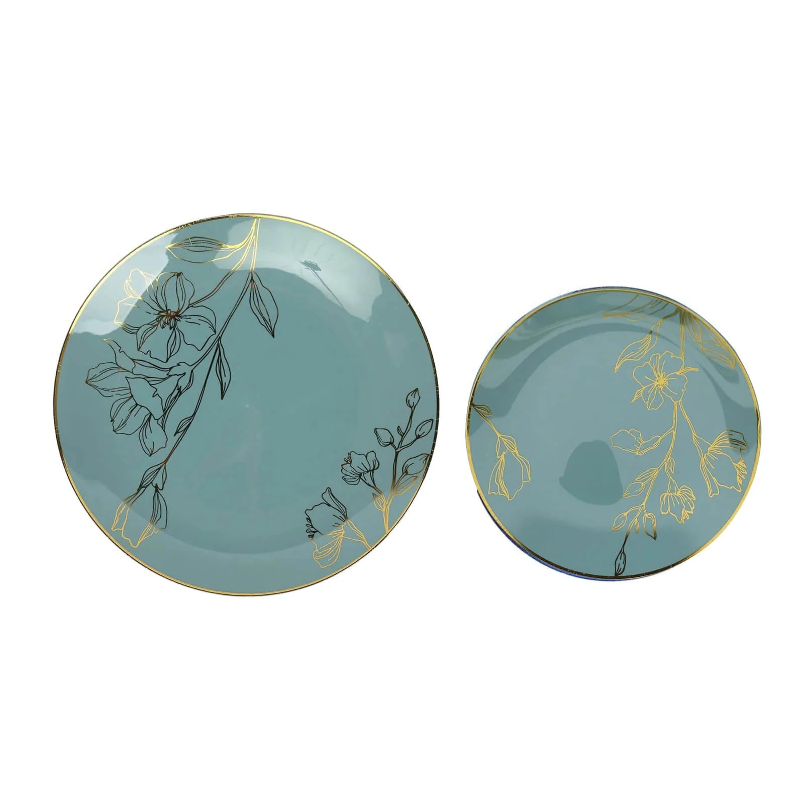 Set of 20 Dusty Blue Plastic Party Plates With Metallic Gold Floral Design, Disposable Round Dinner and Dessert Plates - 8",10" - Image 5