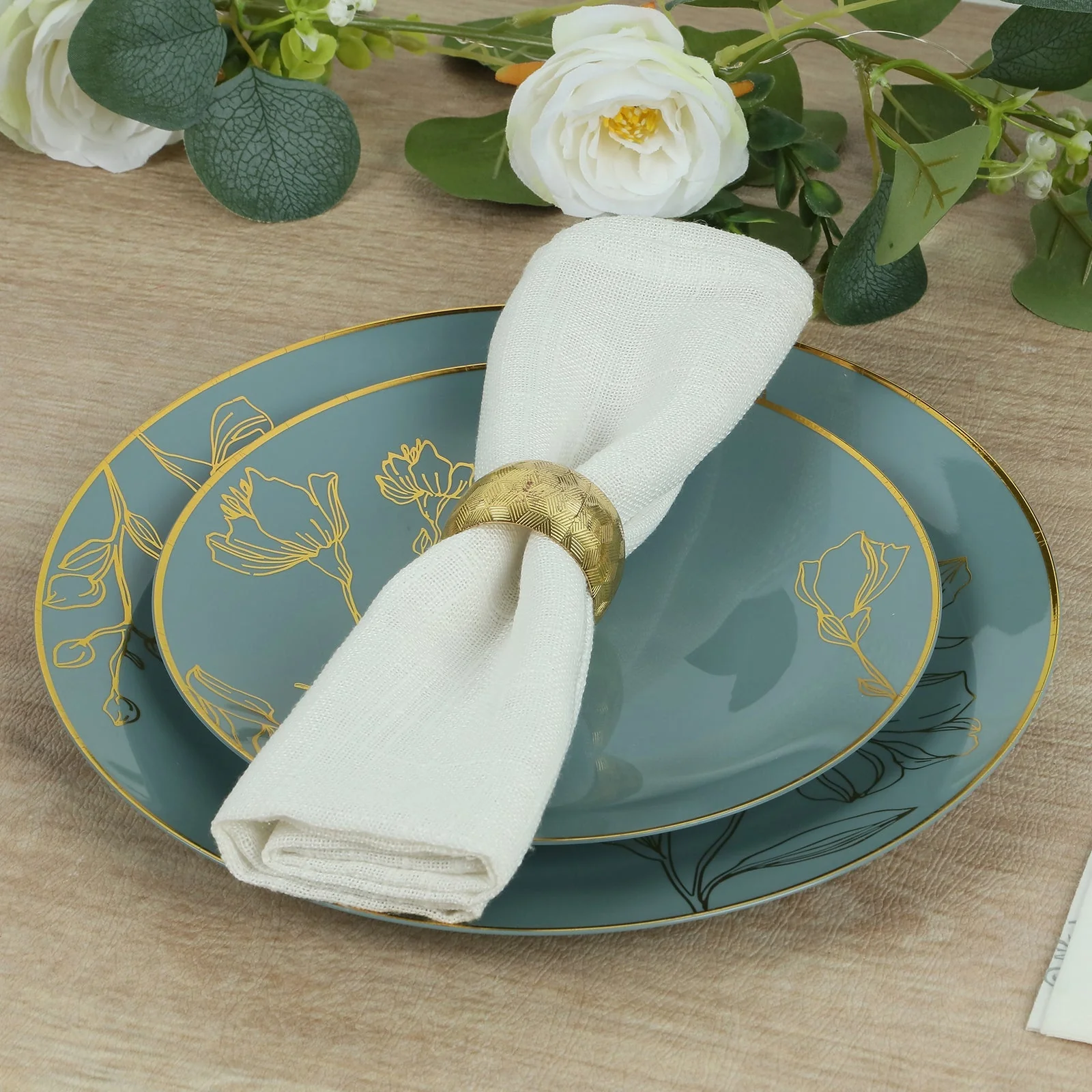 Set of 20 Dusty Blue Plastic Party Plates With Metallic Gold Floral Design, Disposable Round Dinner and Dessert Plates - 8",10" - Image 6