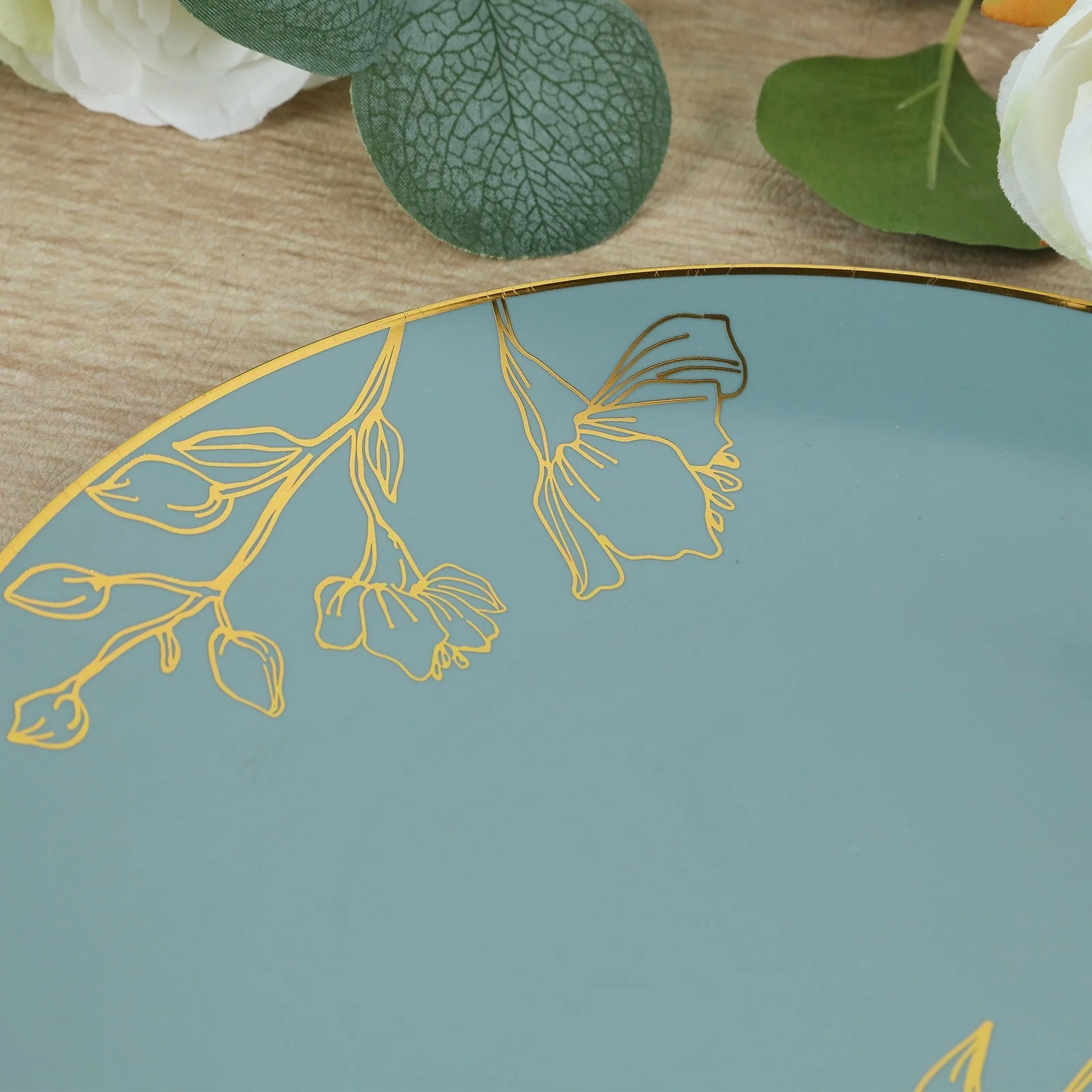 Set of 20 Dusty Blue Plastic Party Plates With Metallic Gold Floral Design, Disposable Round Dinner and Dessert Plates - 8",10" - Image 7