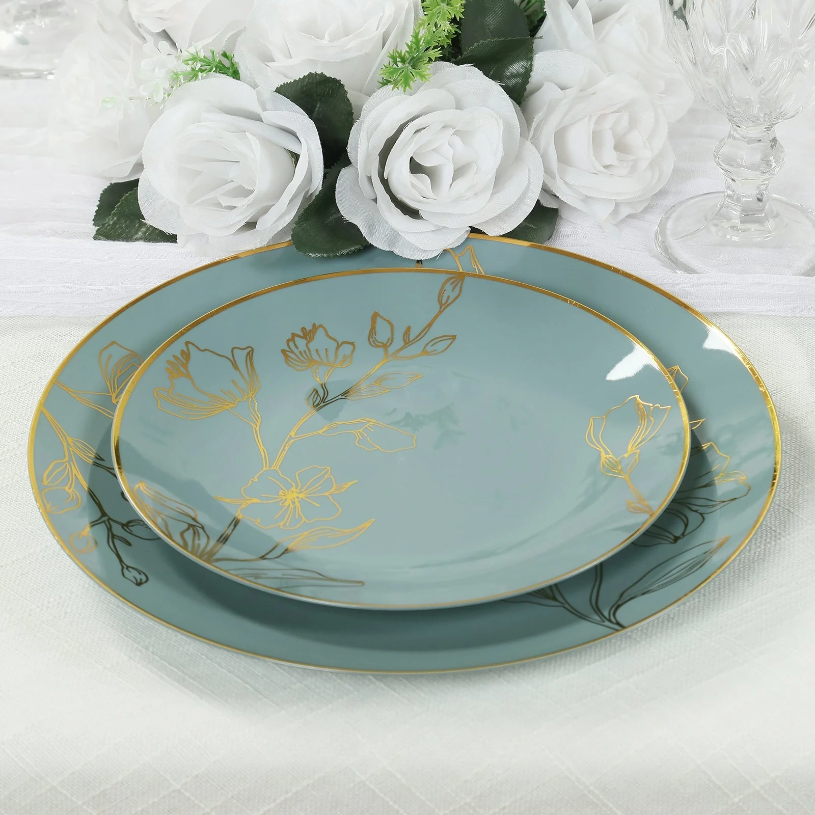 Set of 20 Dusty Blue Plastic Party Plates With Metallic Gold Floral Design, Disposable Round Dinner and Dessert Plates - 8",10" - Image 8