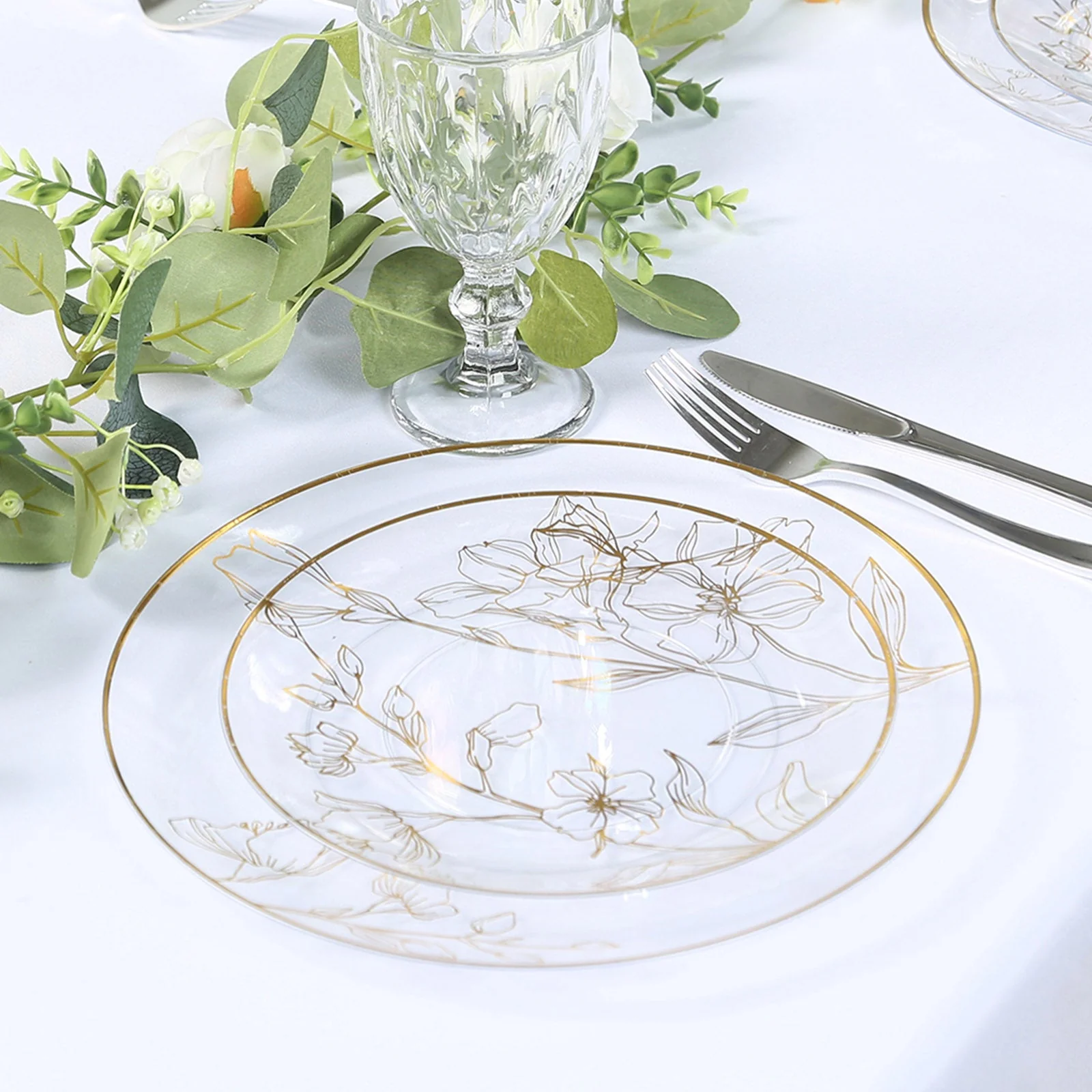 Set of 20 Plastic Round Dinner and Dessert Plates 8", 10" Clear with Metallic Gold Floral Design - Chic Disposable Dinnerware - Image 3