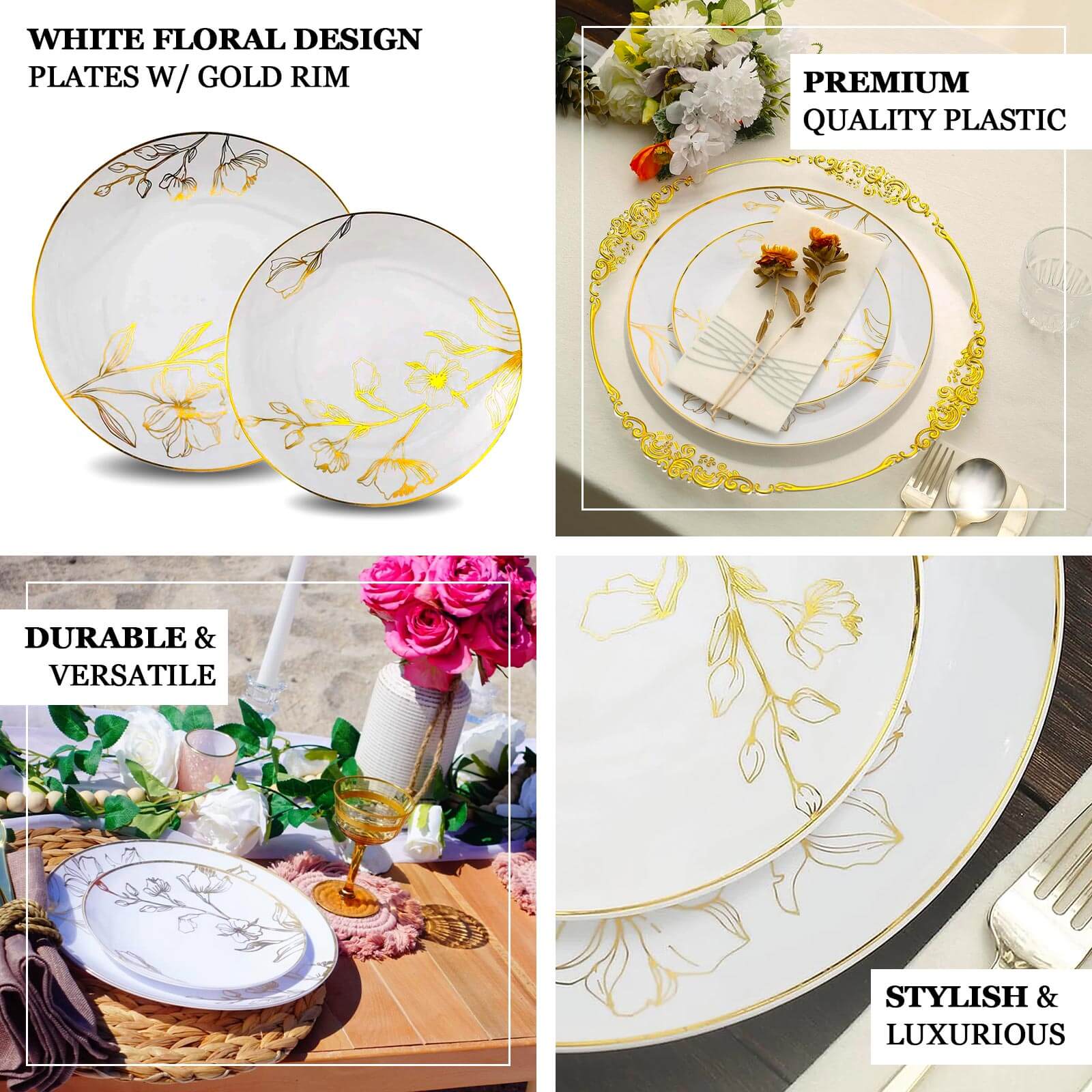Set of 20 Plastic Round Dinner and Dessert Plates 8", 10" Clear with Metallic Gold Floral Design - Chic Disposable Dinnerware - Image 4