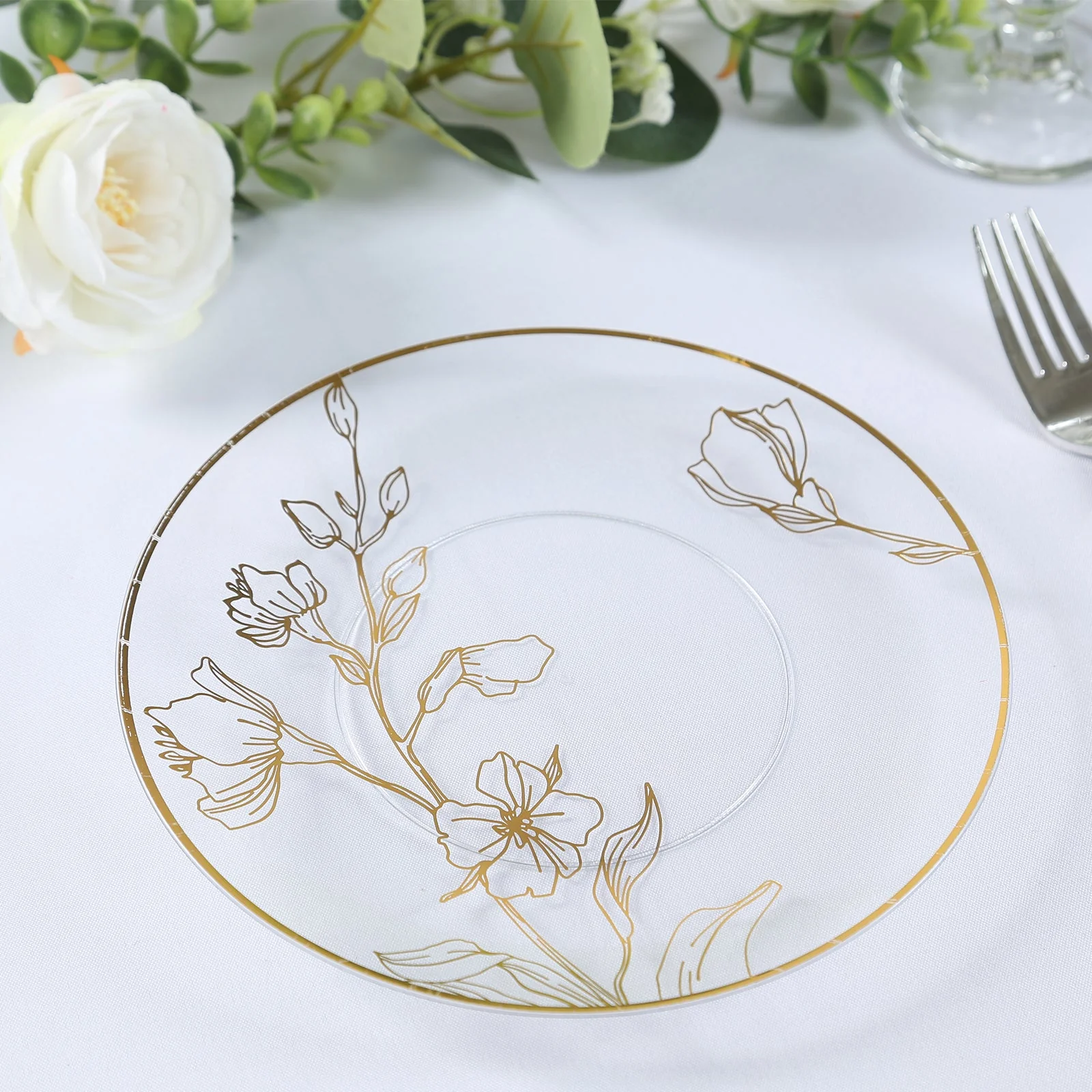 Set of 20 Plastic Round Dinner and Dessert Plates 8", 10" Clear with Metallic Gold Floral Design - Chic Disposable Dinnerware - Image 7