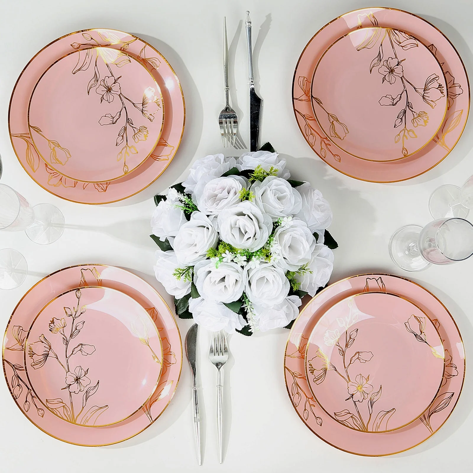 Set of 20 Plastic Round Dinner and Dessert Plates 8", 10" Dusty Rose with Metallic Gold Floral Design - Chic Disposable Dinnerware - Image 2