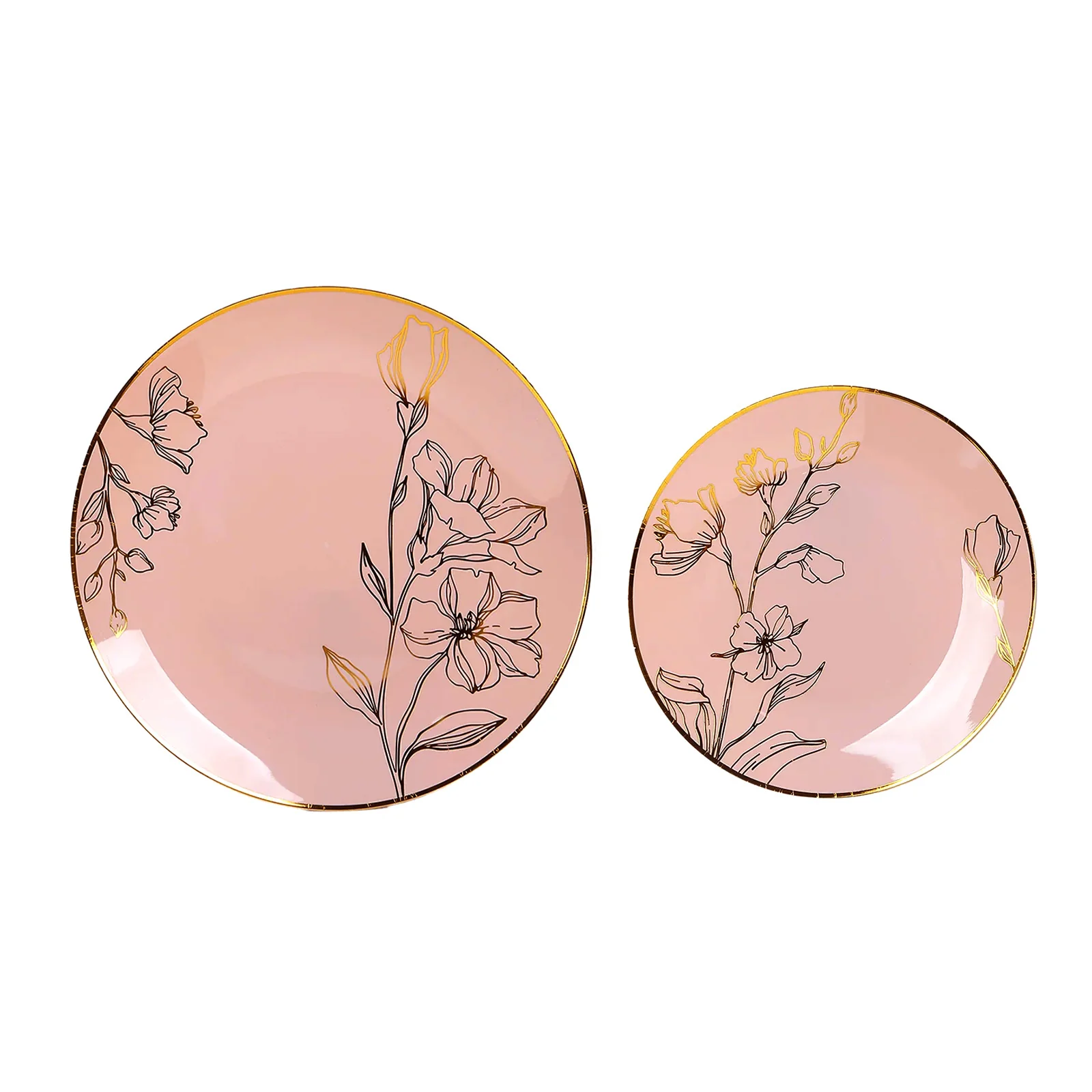 Set of 20 Plastic Round Dinner and Dessert Plates 8", 10" Dusty Rose with Metallic Gold Floral Design - Chic Disposable Dinnerware - Image 6