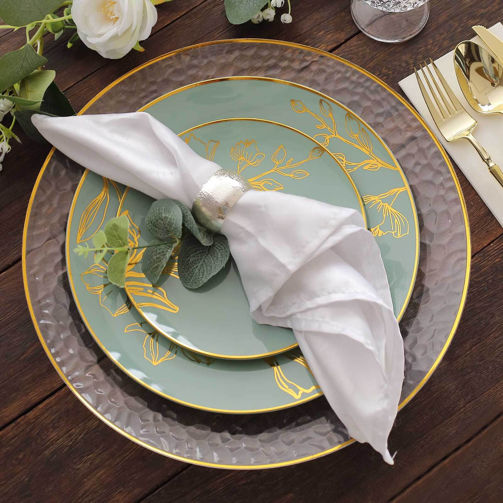 Set of 20 Plastic Round Dinner and Dessert Plates 8", 10" Dusty Sage Green with Metallic Gold Floral Design - Chic Disposable Dinnerware - Image 2