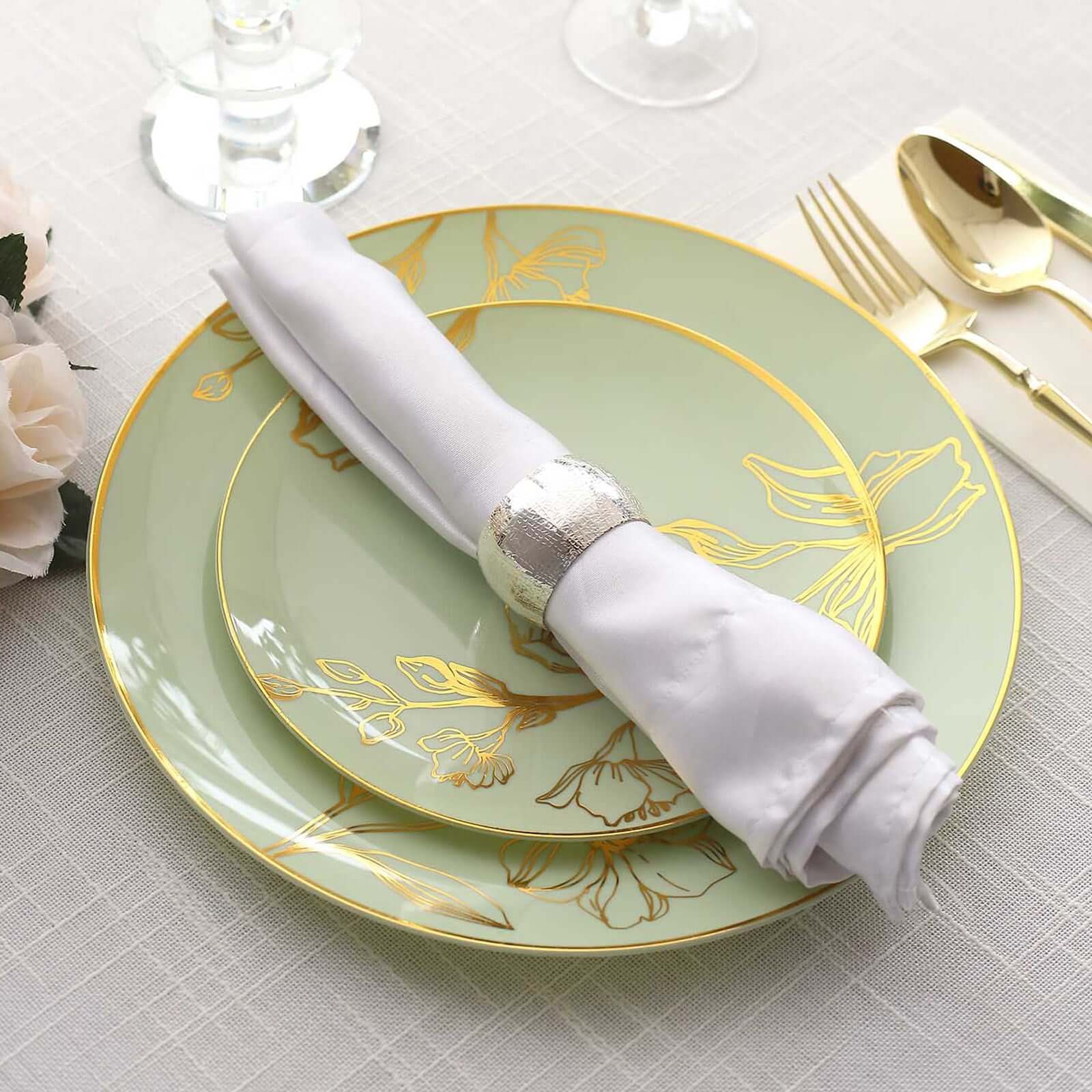Set of 20 Plastic Round Dinner and Dessert Plates 8", 10" Sage Green with Metallic Gold Floral Design - Chic Disposable Dinnerware - Image 5