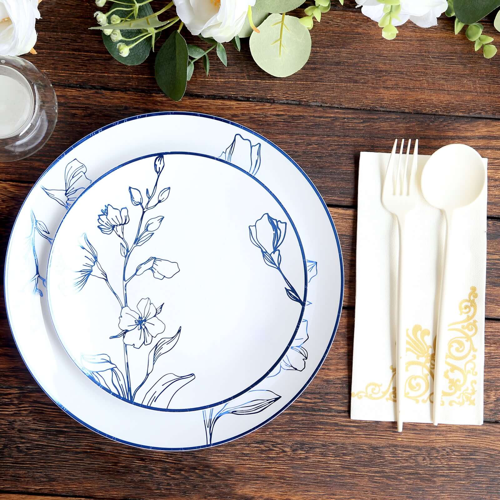 Set of 20 Plastic Round Dinner and Dessert Plates 8", 10" White with Metallic Blue Floral Design - Chic Disposable Dinnerware