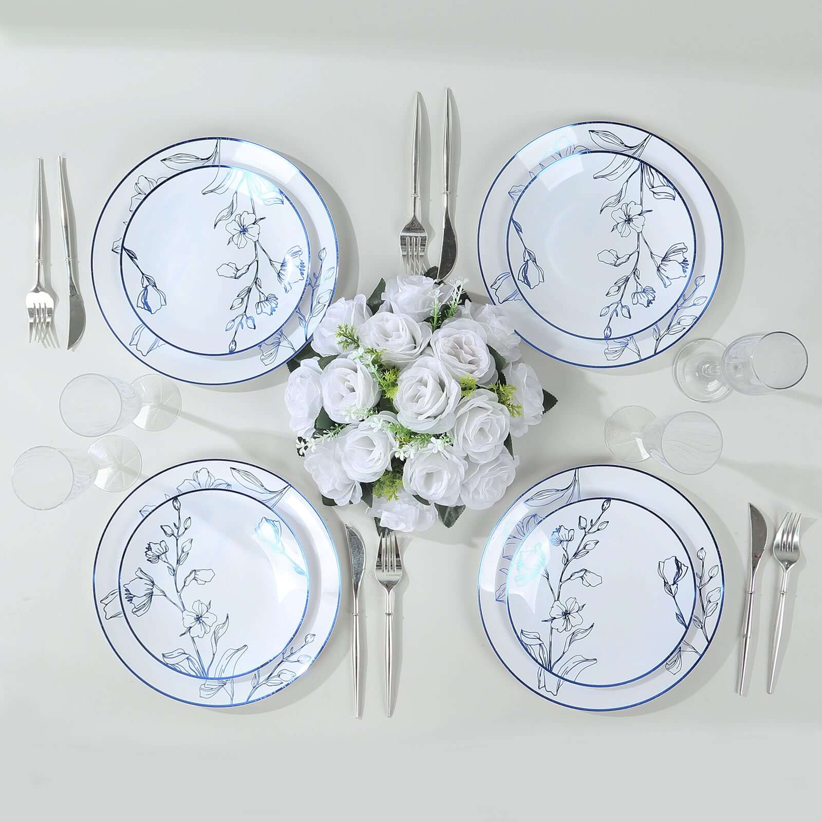 Set of 20 Plastic Round Dinner and Dessert Plates 8", 10" White with Metallic Blue Floral Design - Chic Disposable Dinnerware - Image 2