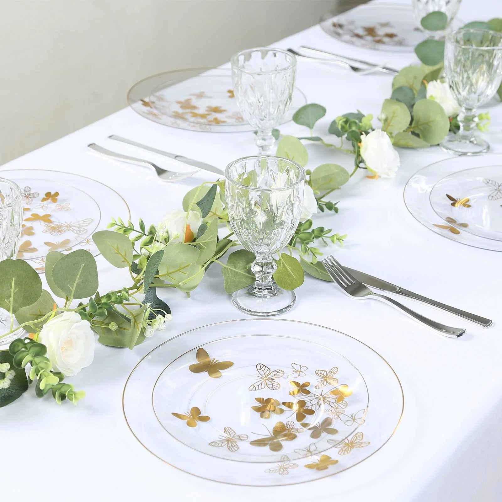 Set of 20 Plastic Round Dinner and Salad Plates 8", 10" Clear with Gold Butterfly Design & Gold Rim - Chic Disposable Dinnerware - Image 5