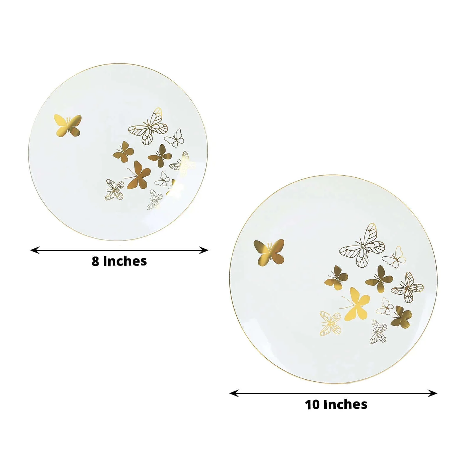 Set of 20 Plastic Round Dinner and Salad Plates 8", 10" White with Gold Butterfly Design & Gold Rim - Chic Disposable Dinnerware for Special Occasions & Gatherings - Image 3