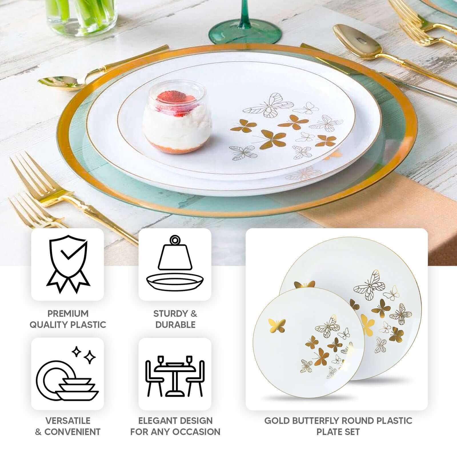 Set of 20 Plastic Round Dinner and Salad Plates 8", 10" White with Gold Butterfly Design & Gold Rim - Chic Disposable Dinnerware for Special Occasions & Gatherings - Image 4