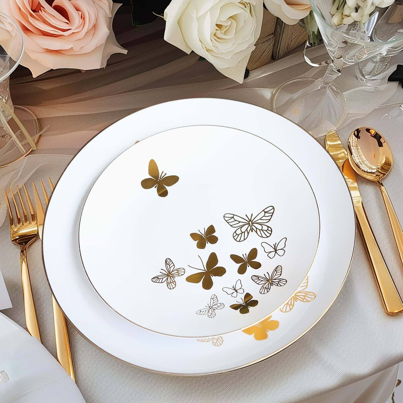 Set of 20 Plastic Round Dinner and Salad Plates 8", 10" White with Gold Butterfly Design & Gold Rim - Chic Disposable Dinnerware for Special Occasions & Gatherings - Image 5