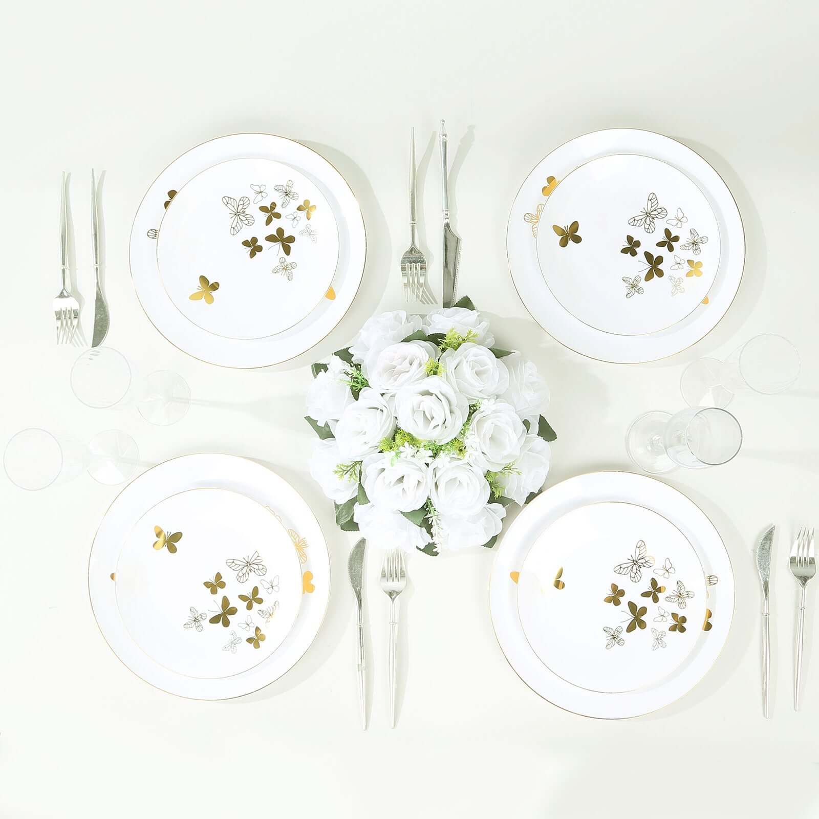 Set of 20 Plastic Round Dinner and Salad Plates 8", 10" White with Gold Butterfly Design & Gold Rim - Chic Disposable Dinnerware for Special Occasions & Gatherings - Image 6