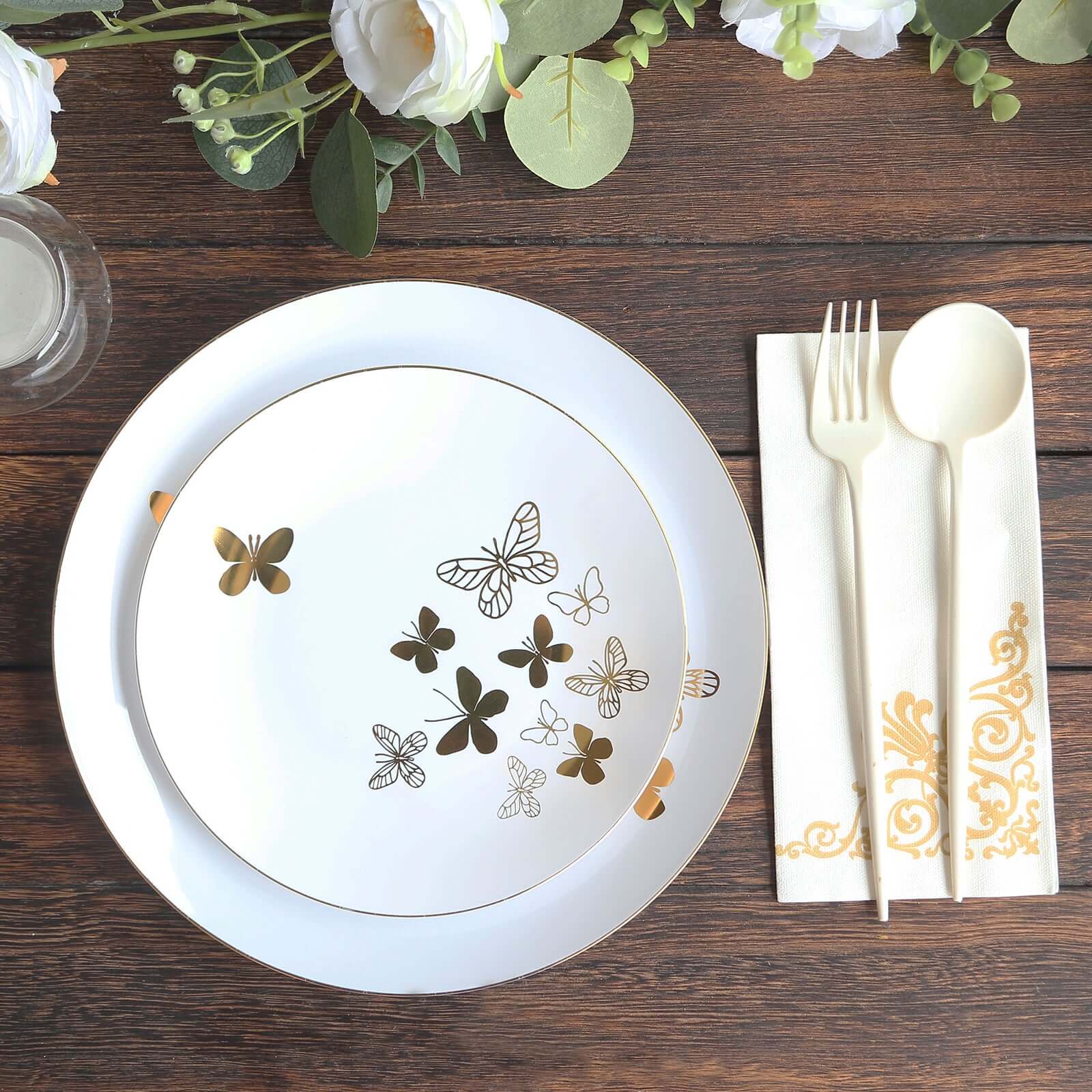 Set of 20 Plastic Round Dinner and Salad Plates 8", 10" White with Gold Butterfly Design & Gold Rim - Chic Disposable Dinnerware for Special Occasions & Gatherings - Image 8