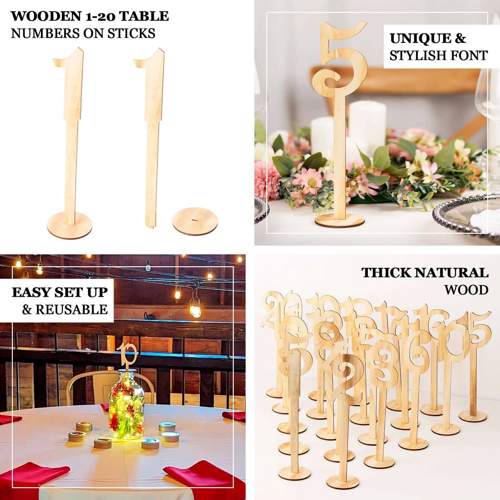 Set of 20 Wooden Wedding Table Numbers 1-20 Natural with Round Holder Base 11" Tall - Rustic Signs for Event Decor - Image 5