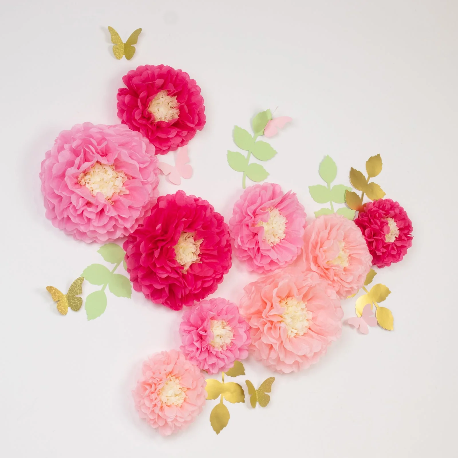 Set of 21 Tissue Paper Pom Poms Decor Kit – Blush Peach 3D Chrysanth Floral Wall Decor with Butterflies & Olive Leaves - 8",10",12" - Image 8