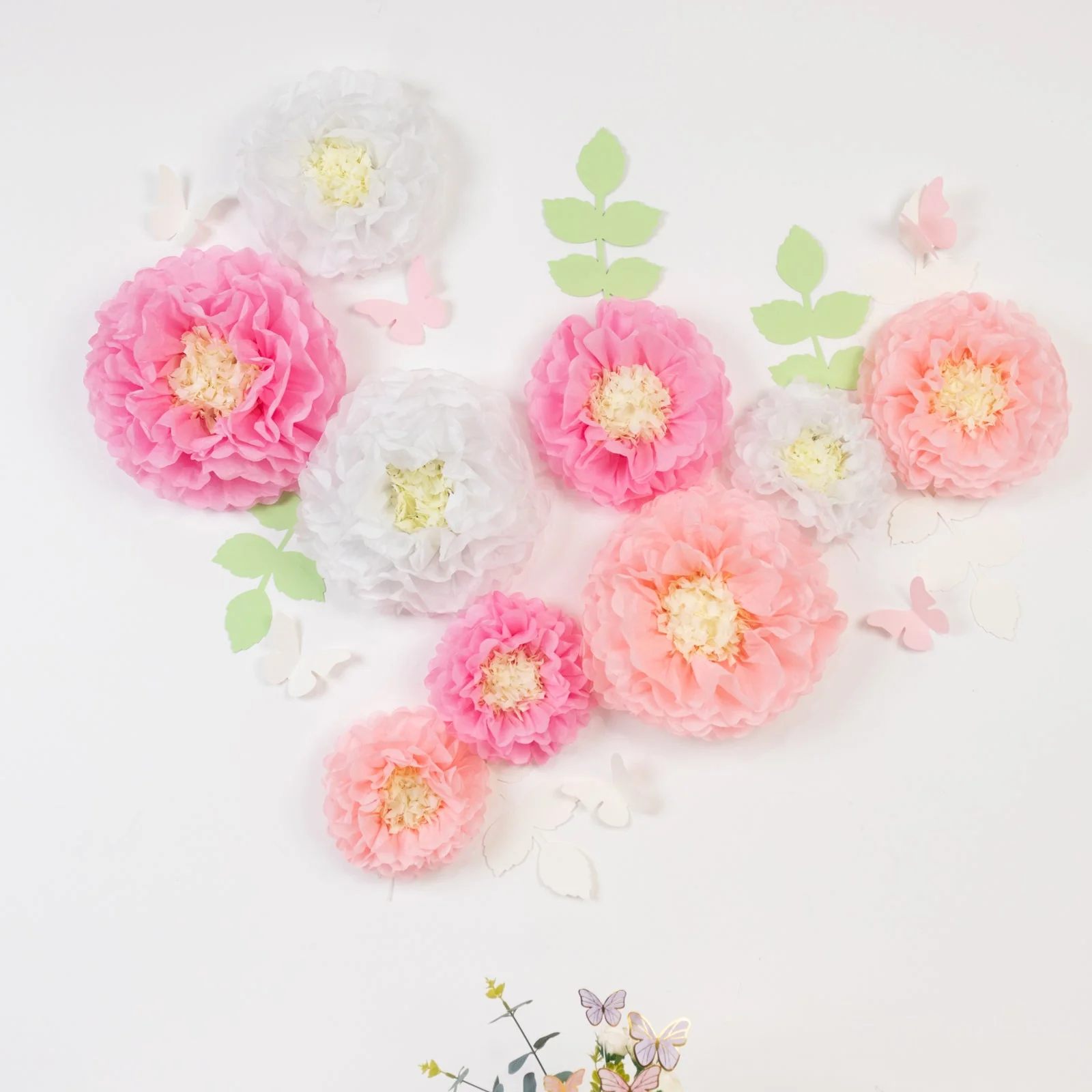 Set of 21 Tissue Paper Pom Poms Decor Kit – White Pink 3D Chrysanth Floral Wall Decor with Butterflies & Olive Leaves - 8",10",12"