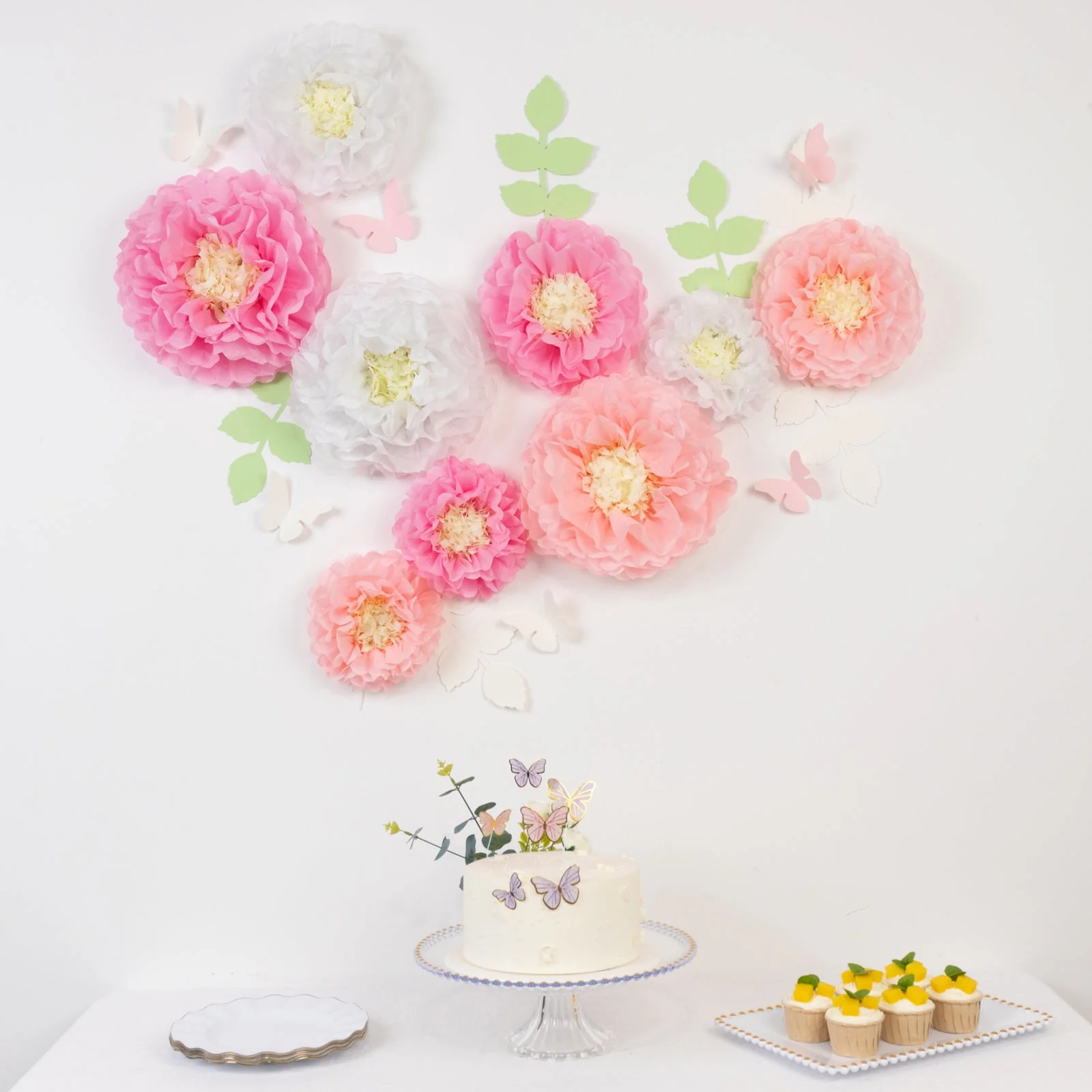 Set of 21 Tissue Paper Pom Poms Decor Kit – White Pink 3D Chrysanth Floral Wall Decor with Butterflies & Olive Leaves - 8",10",12" - Image 3