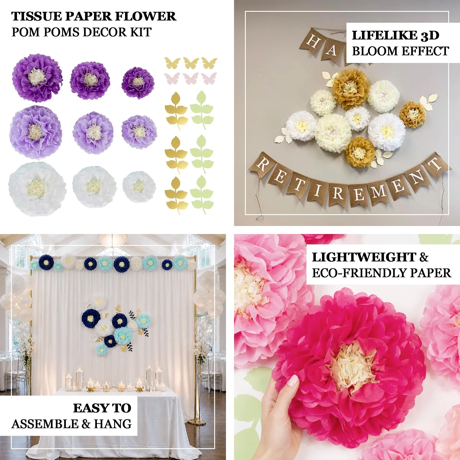 Set of 21 Tissue Paper Pom Poms Decor Kit – White Pink 3D Chrysanth Floral Wall Decor with Butterflies & Olive Leaves - 8",10",12" - Image 4