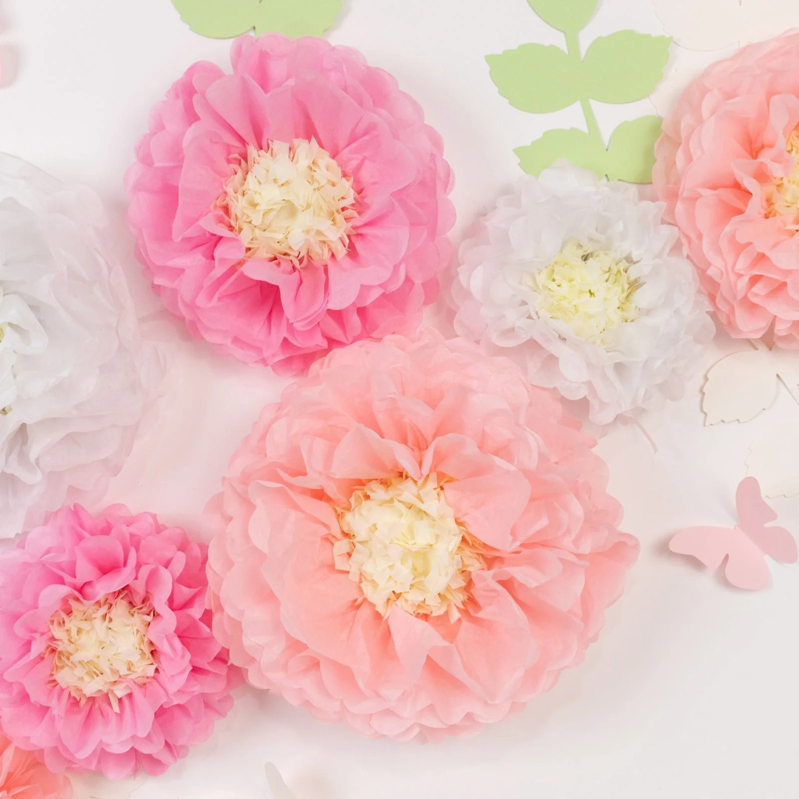 Set of 21 Tissue Paper Pom Poms Decor Kit – White Pink 3D Chrysanth Floral Wall Decor with Butterflies & Olive Leaves - 8",10",12" - Image 6