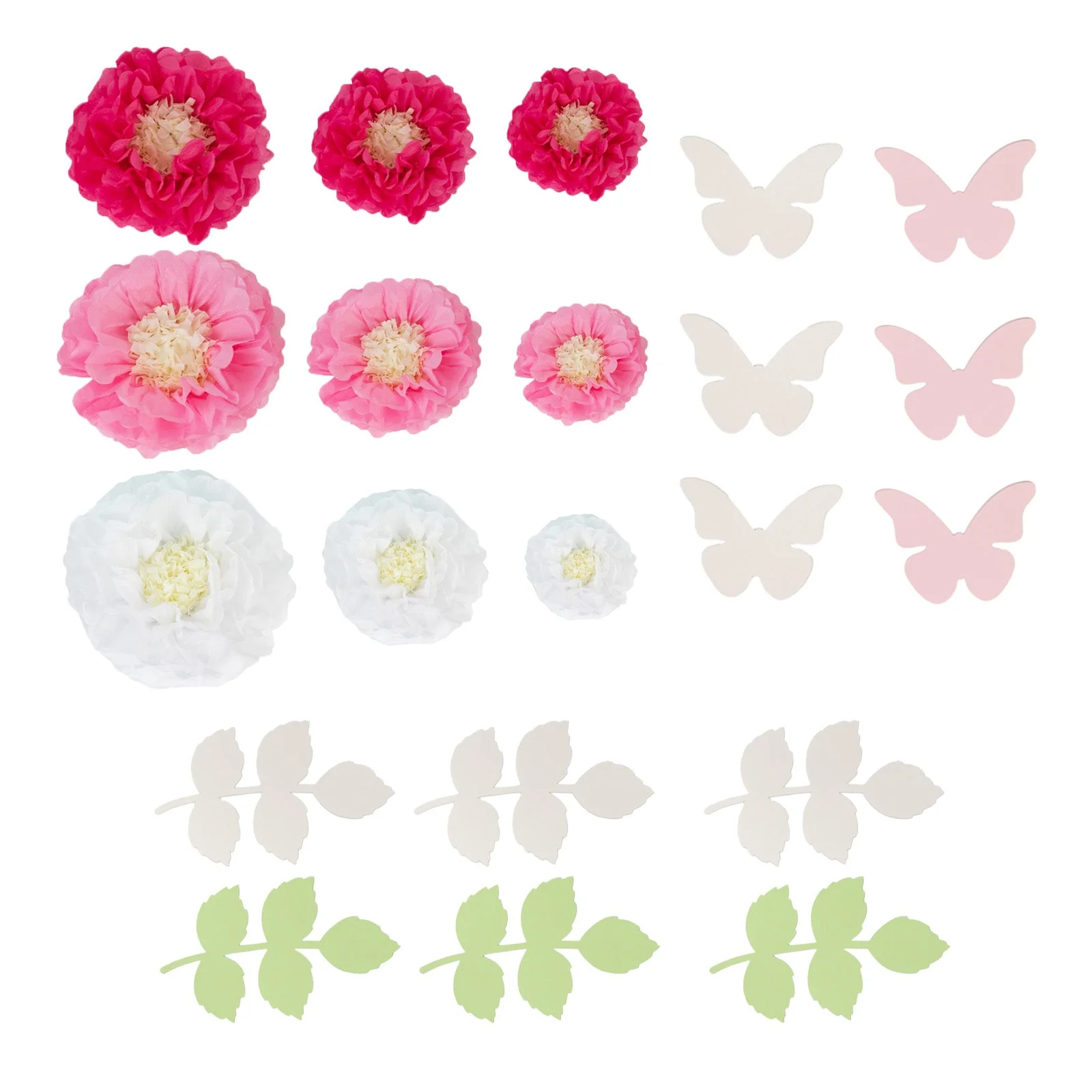 Set of 21 Tissue Paper Pom Poms Decor Kit – White Pink 3D Chrysanth Floral Wall Decor with Butterflies & Olive Leaves - 8",10",12" - Image 7