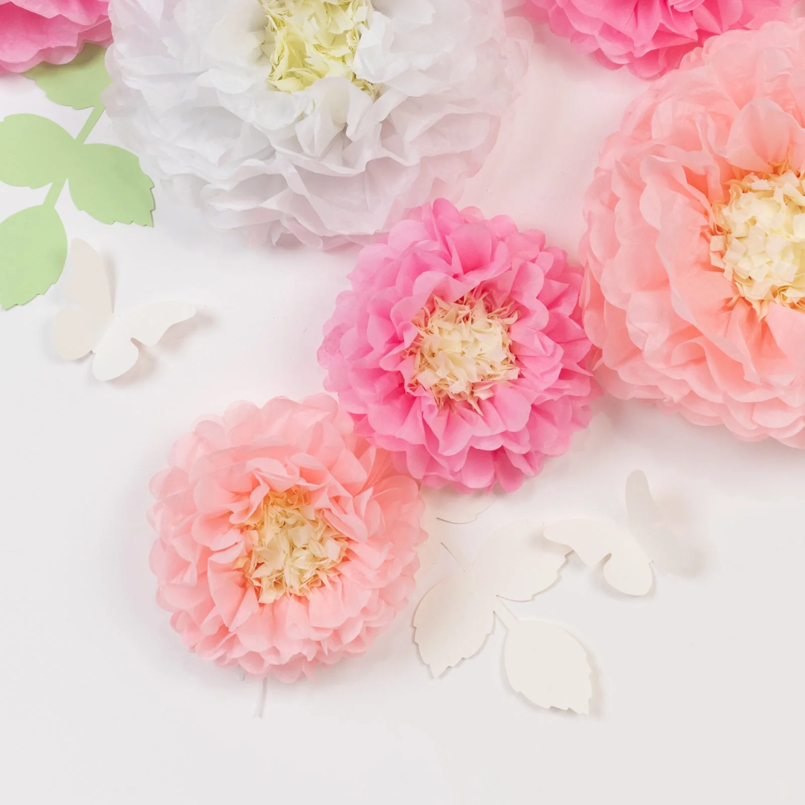Set of 21 Tissue Paper Pom Poms Decor Kit – White Pink 3D Chrysanth Floral Wall Decor with Butterflies & Olive Leaves - 8",10",12" - Image 8
