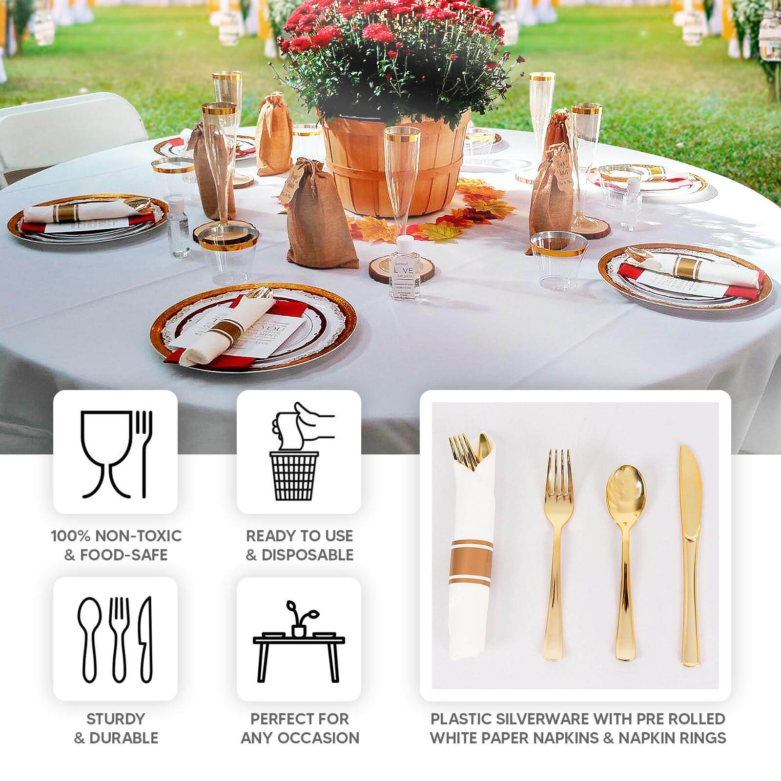 Set of 24 Plastic Silverware with Pre-Rolled White Paper Napkins Gold - Disposable Wrapped Cutlery Set - Image 4
