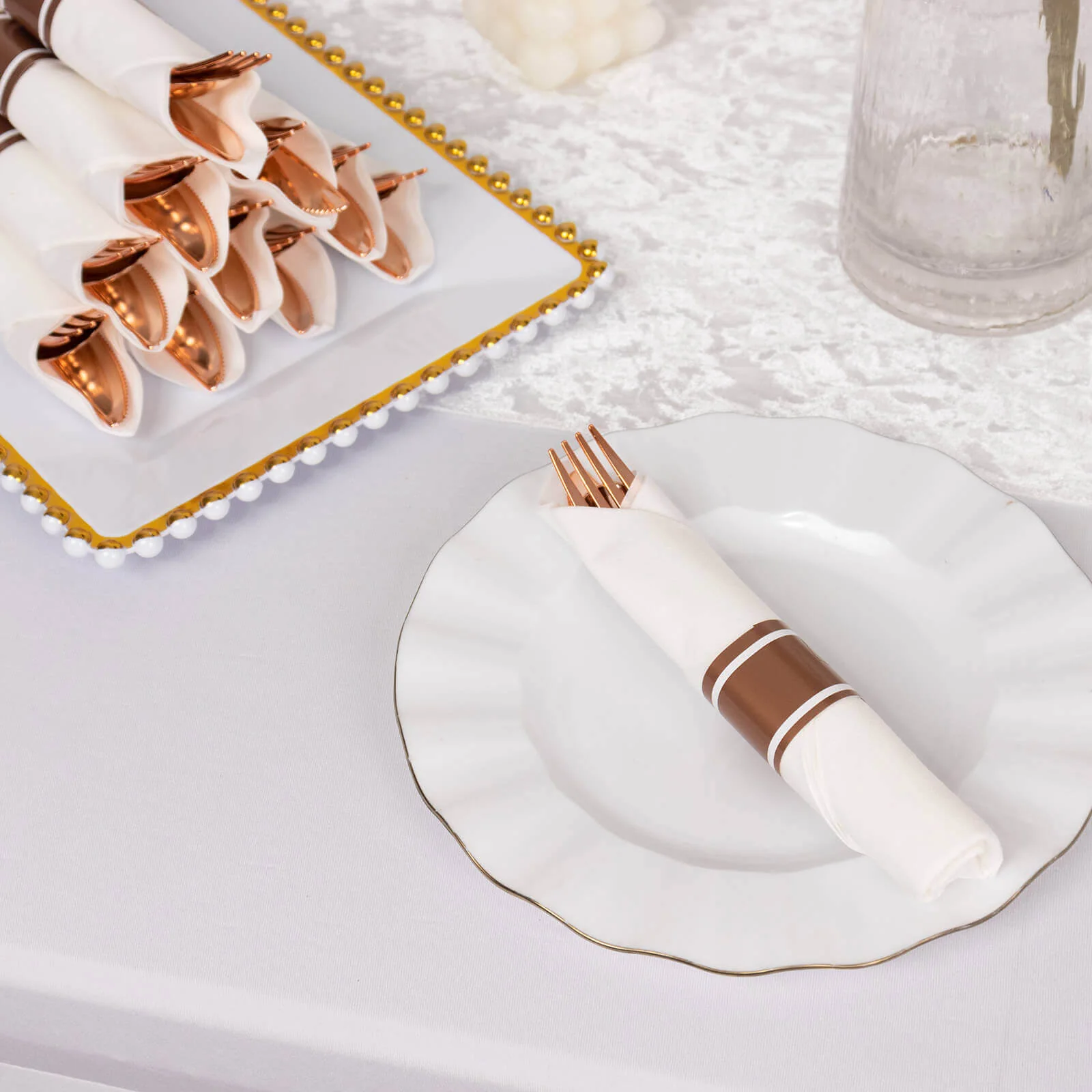 Set of 24 Plastic Silverware with Pre-Rolled White Paper Napkins Rose Gold - Disposable Wrapped Cutlery Set - Image 2