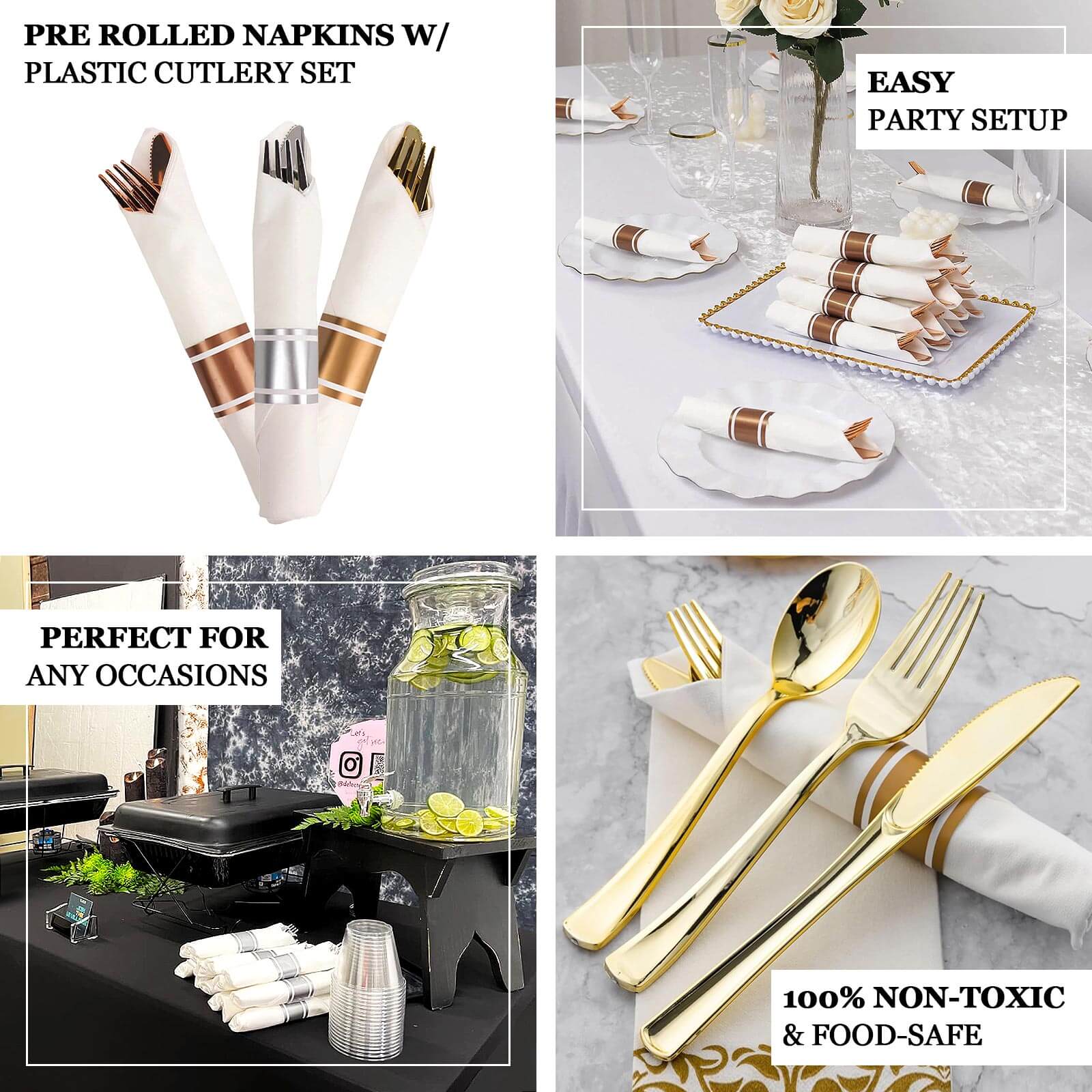 Set of 24 Plastic Silverware with Pre-Rolled White Paper Napkins Rose Gold - Disposable Wrapped Cutlery Set - Image 4