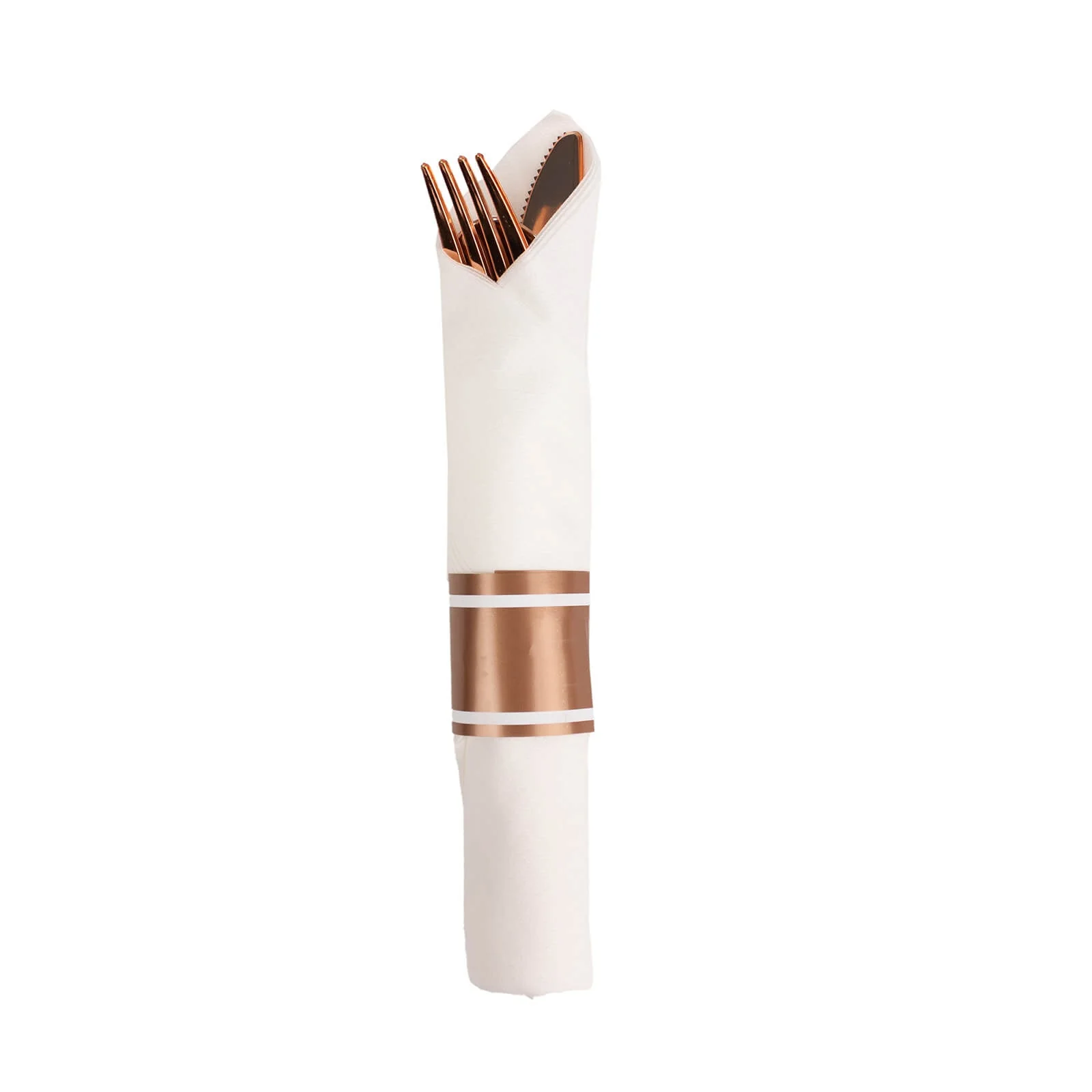 Set of 24 Plastic Silverware with Pre-Rolled White Paper Napkins Rose Gold - Disposable Wrapped Cutlery Set - Image 6