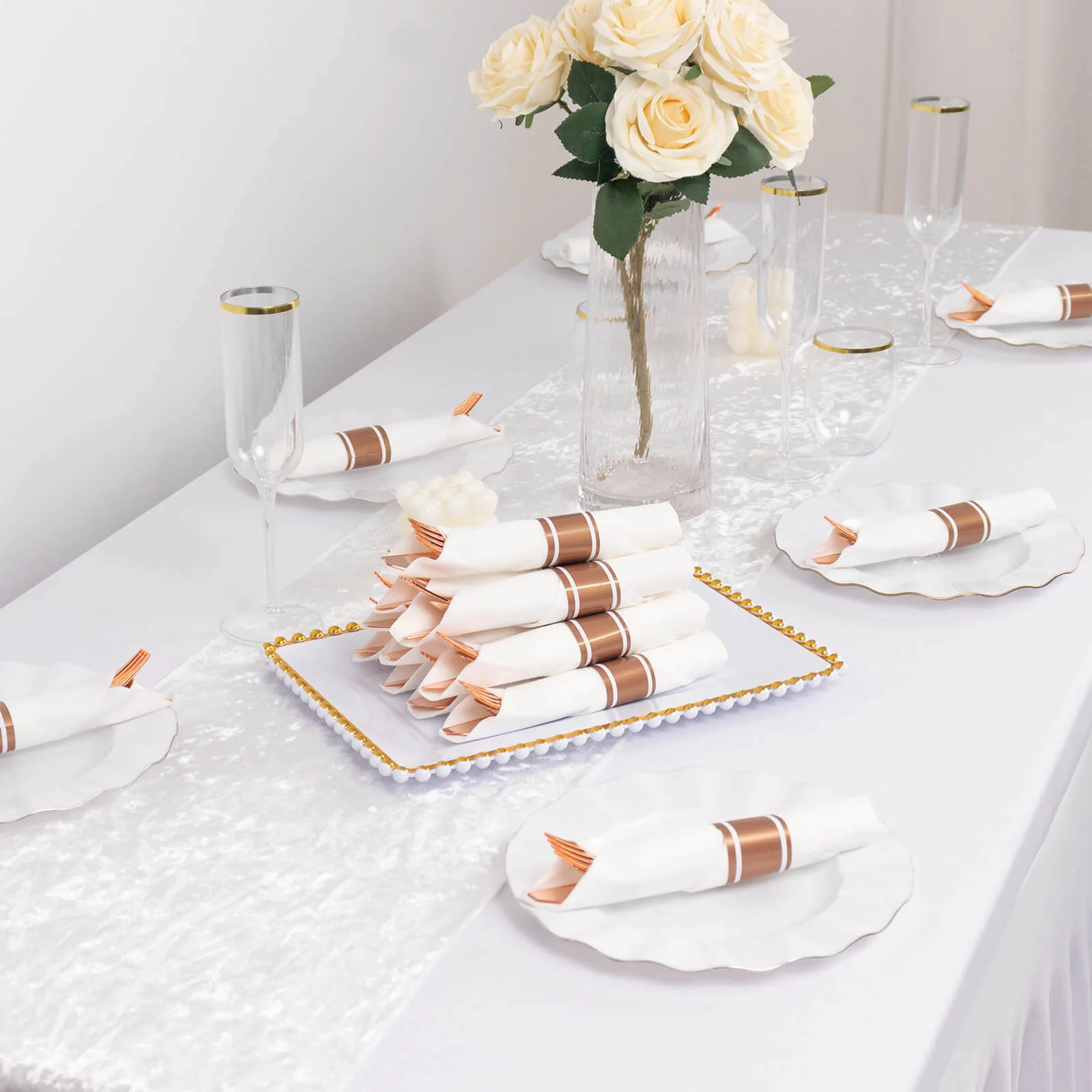 Set of 24 Plastic Silverware with Pre-Rolled White Paper Napkins Rose Gold - Disposable Wrapped Cutlery Set - Image 7
