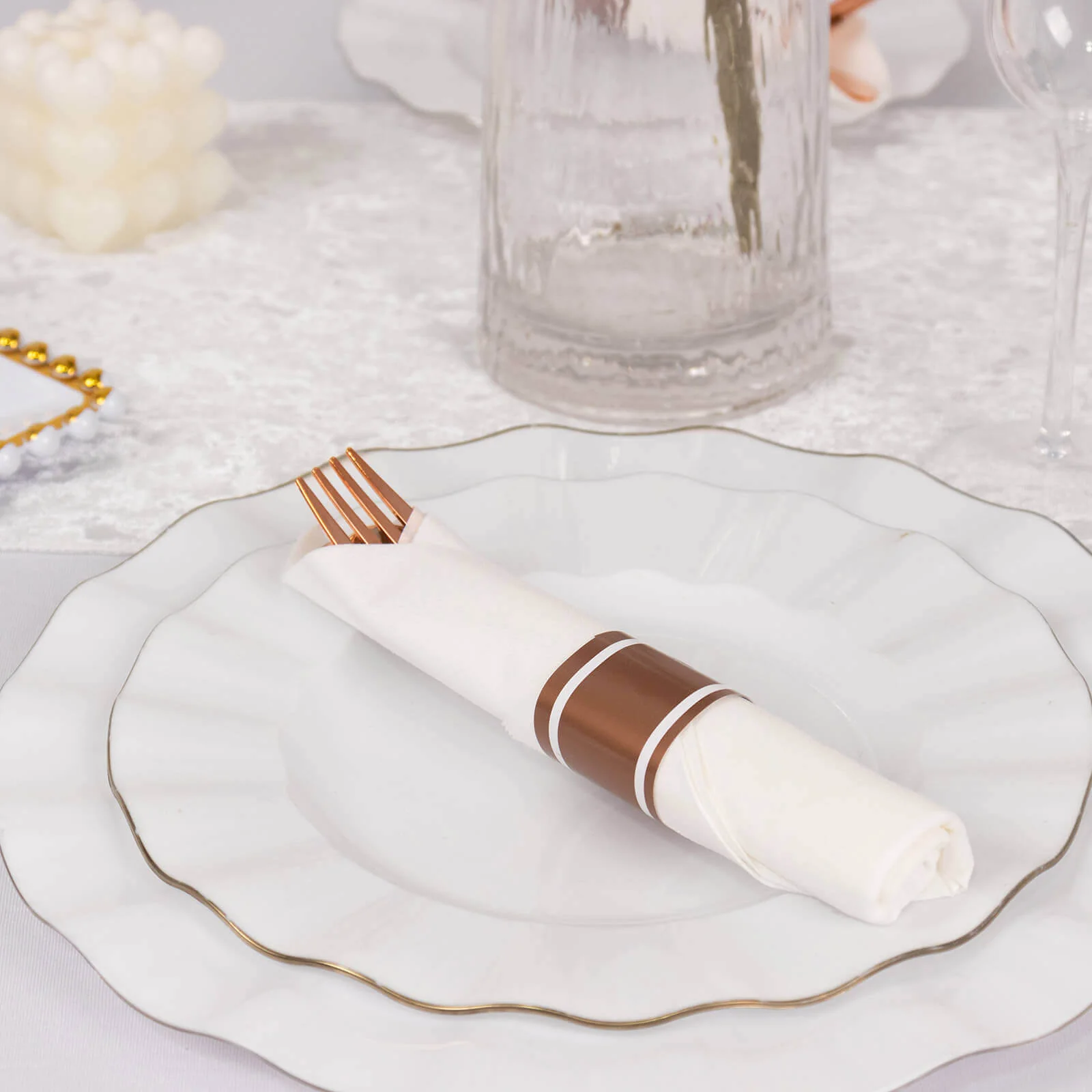 Set of 24 Plastic Silverware with Pre-Rolled White Paper Napkins Rose Gold - Disposable Wrapped Cutlery Set - Image 8