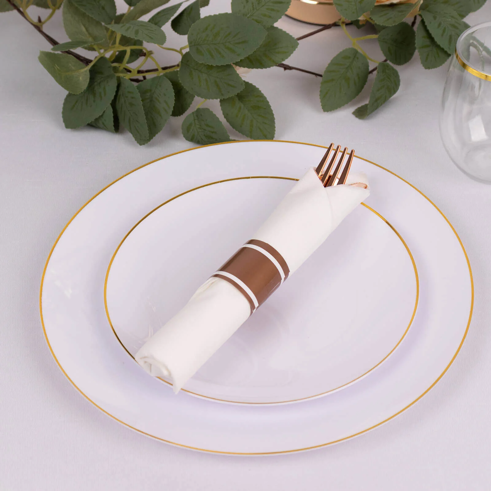 Set of 24 Plastic Silverware with Pre-Rolled White Paper Napkins Rose Gold - Disposable Wrapped Cutlery Set - Image 9
