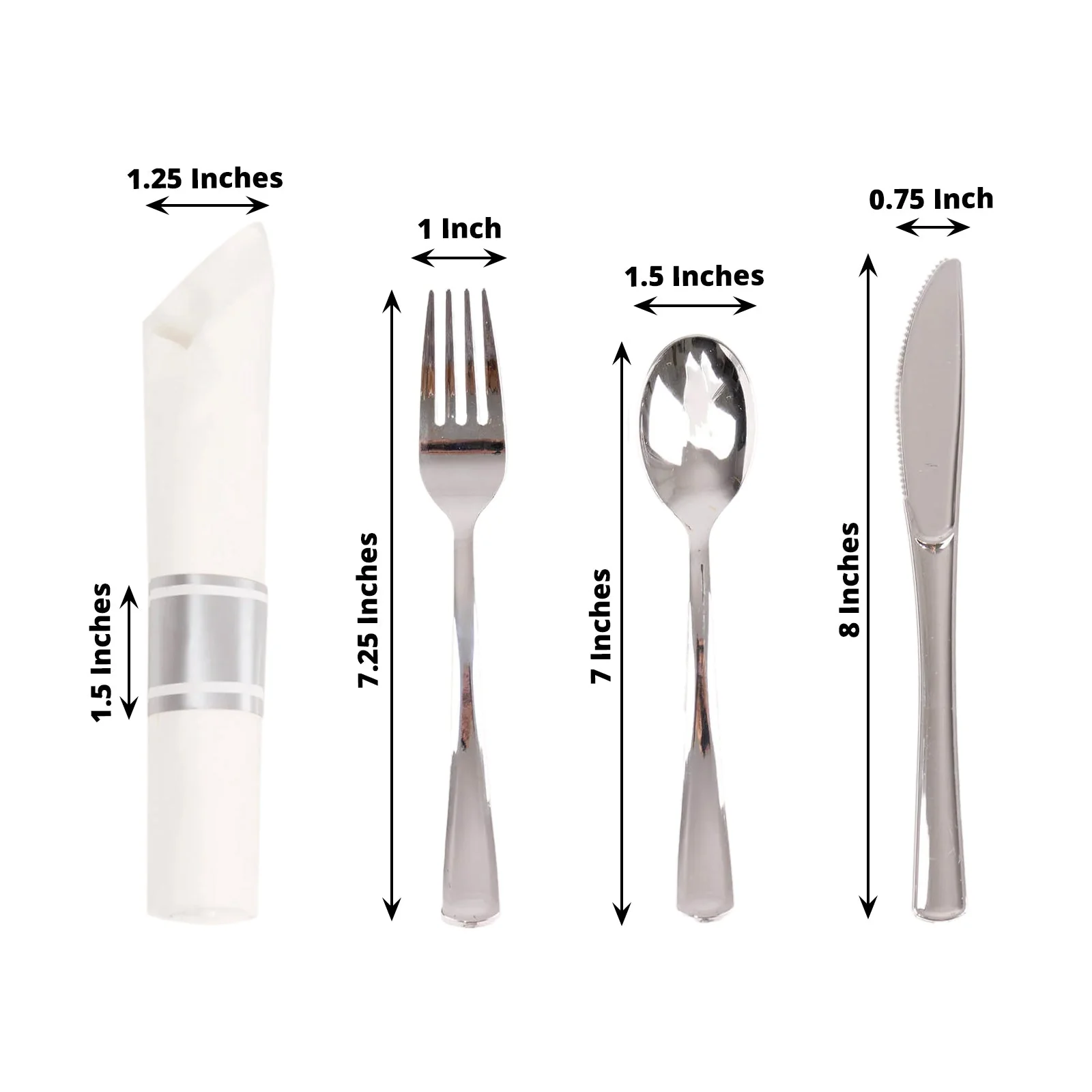 Set of 24 Plastic Silverware with Pre-Rolled White Paper Napkins Silver - Disposable Wrapped Cutlery Set - Image 3