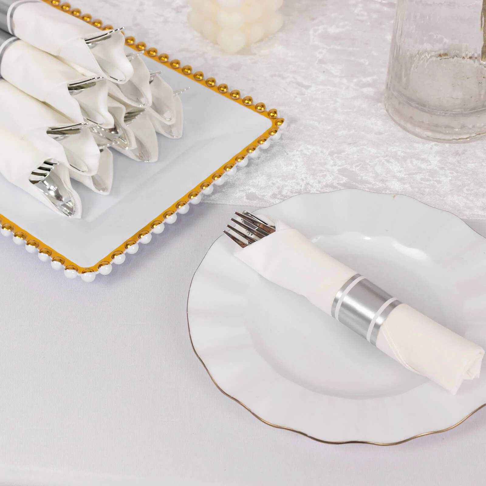 Set of 24 Plastic Silverware with Pre-Rolled White Paper Napkins Silver - Disposable Wrapped Cutlery Set - Image 7