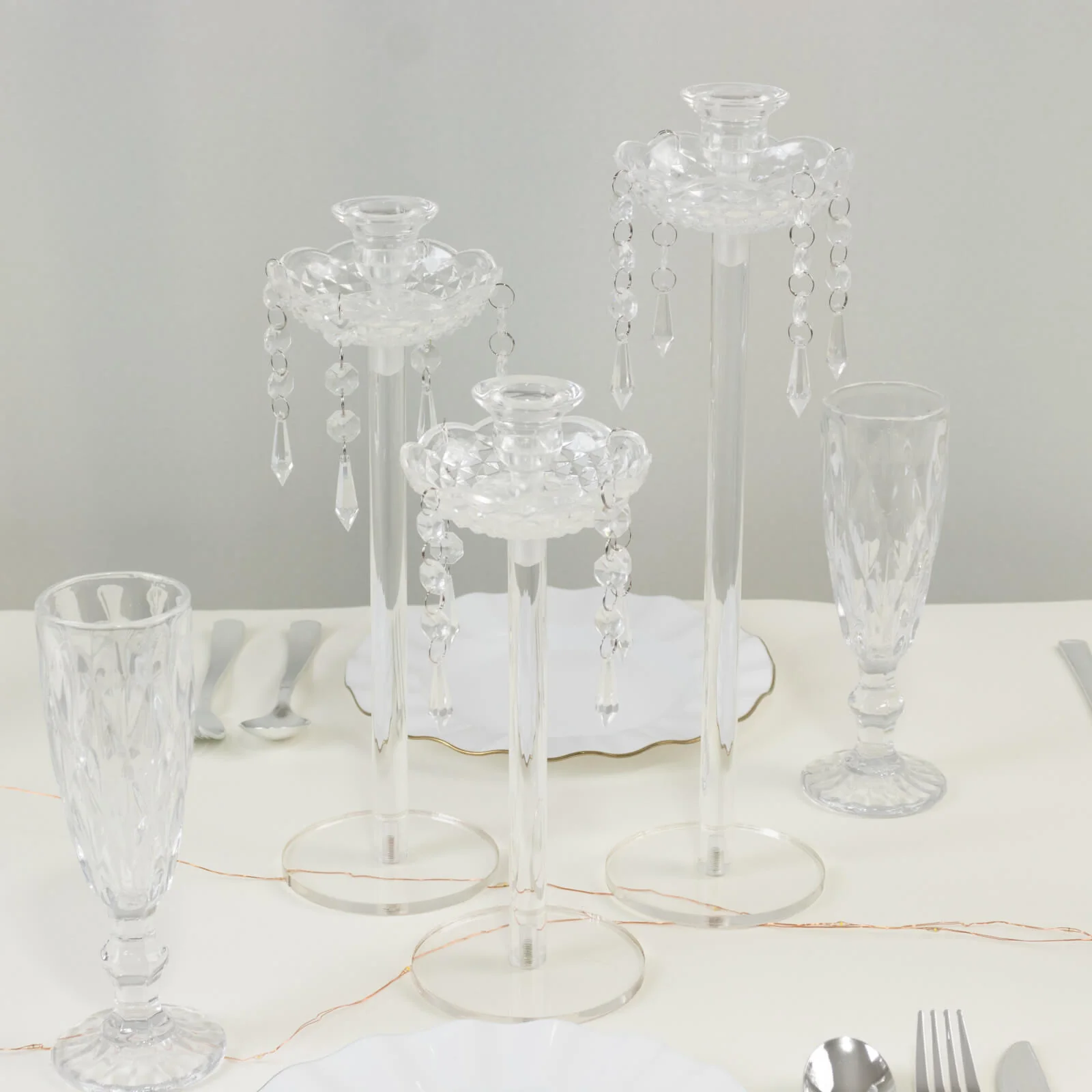 Set of 3 Acrylic Candle Holders with Hanging Bead & Prism Accents – Taper Candlestick Stands - 11",13",15"