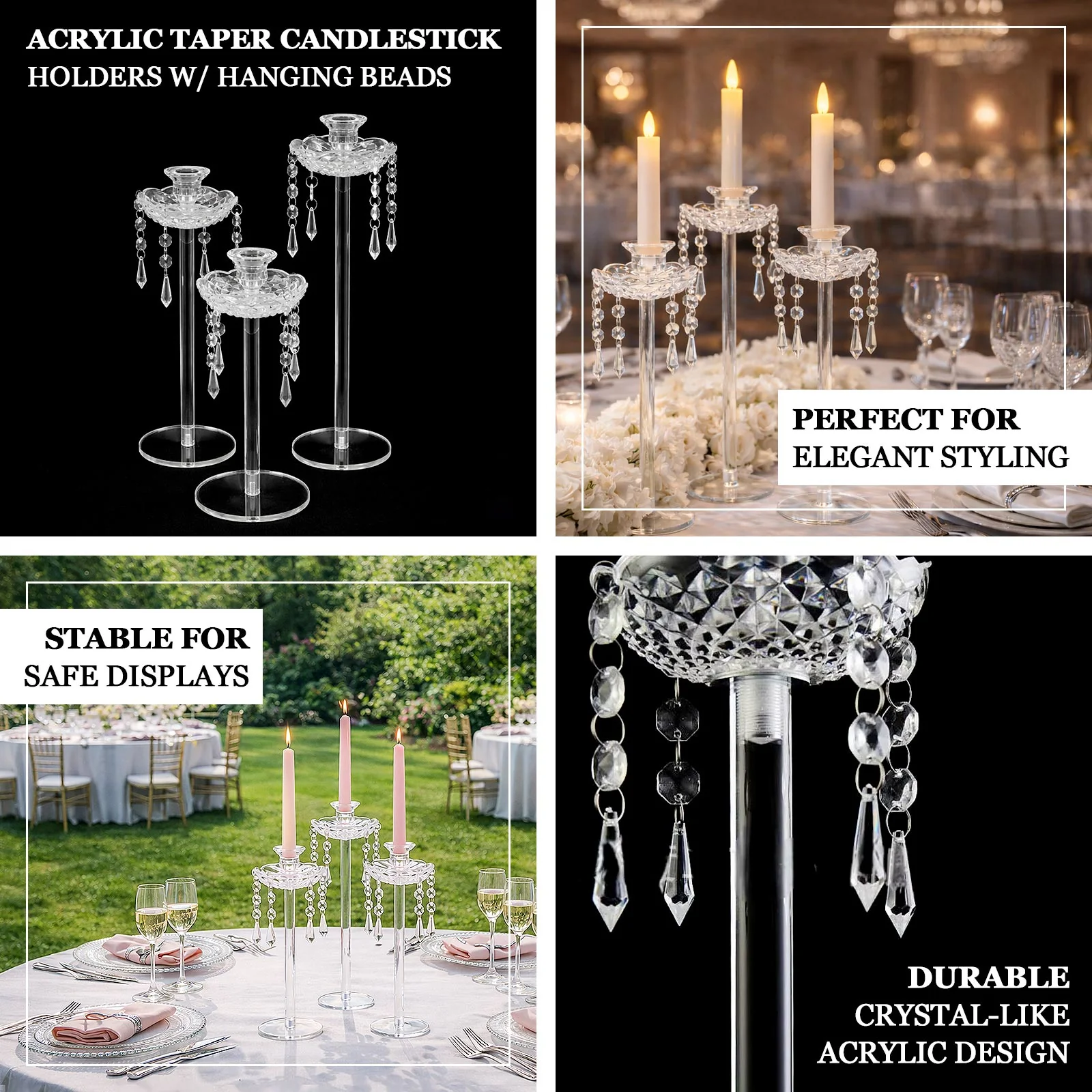 Set of 3 Acrylic Candle Holders with Hanging Bead & Prism Accents – Taper Candlestick Stands - 11",13",15" - Image 3