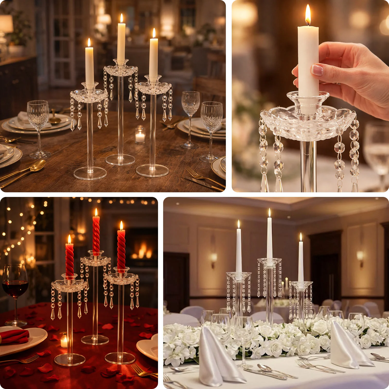 Set of 3 Acrylic Candle Holders with Hanging Bead & Prism Accents – Taper Candlestick Stands - 11",13",15" - Image 4