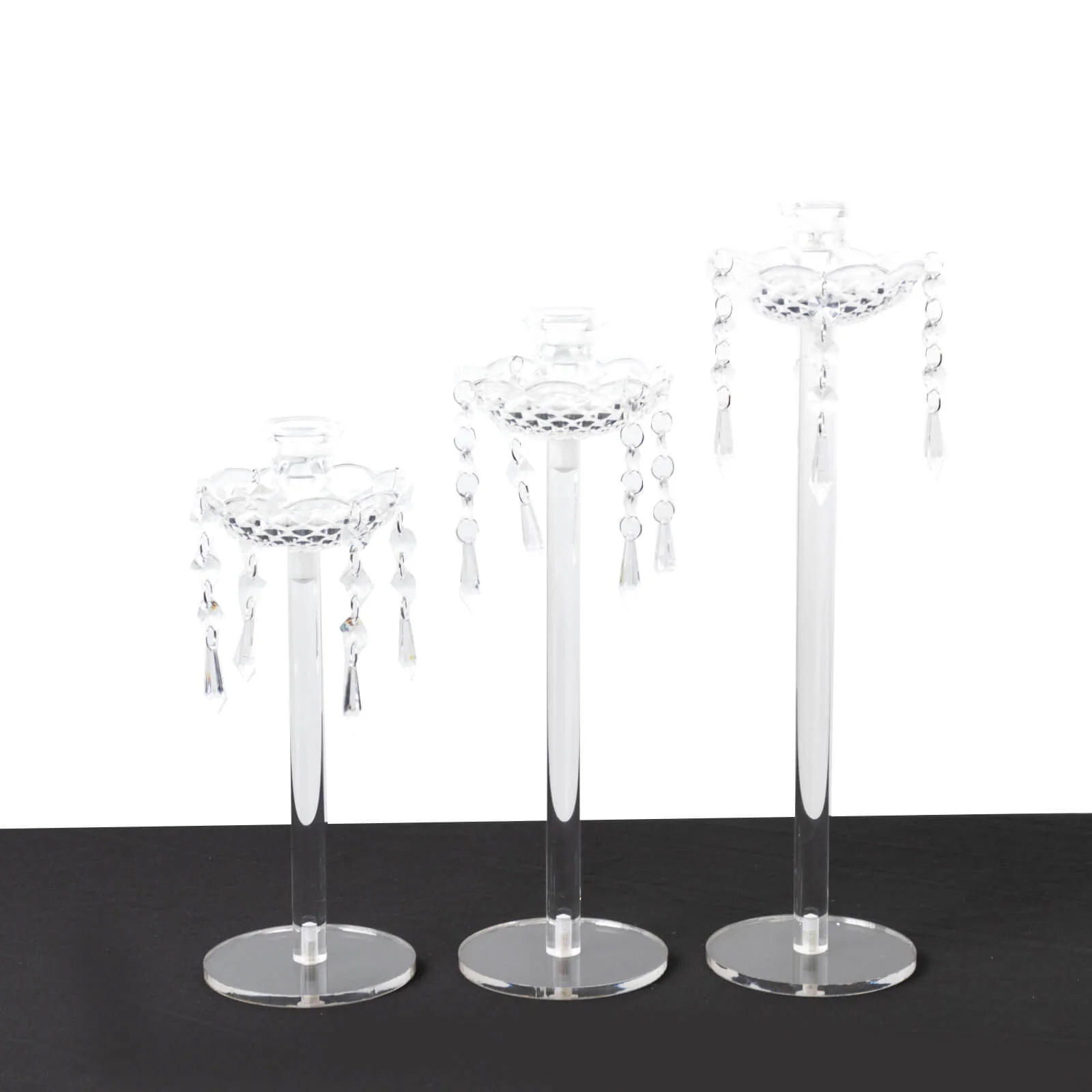 Set of 3 Acrylic Candle Holders with Hanging Bead & Prism Accents – Taper Candlestick Stands - 11",13",15" - Image 6